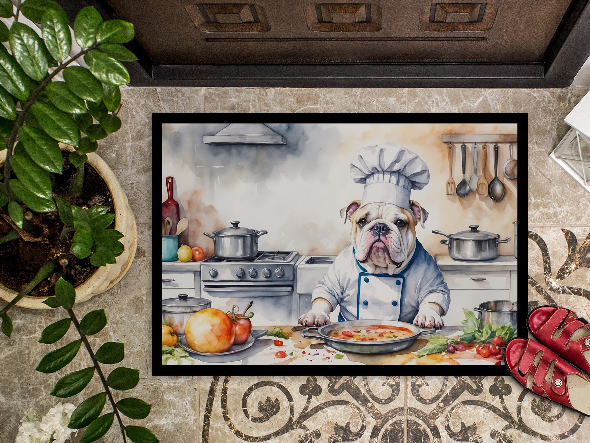 English Bulldog The Chef Doormat Indoor Outdoor 18H X 27W Front Door Mat Rugs for Entryway, Non Slip Washable