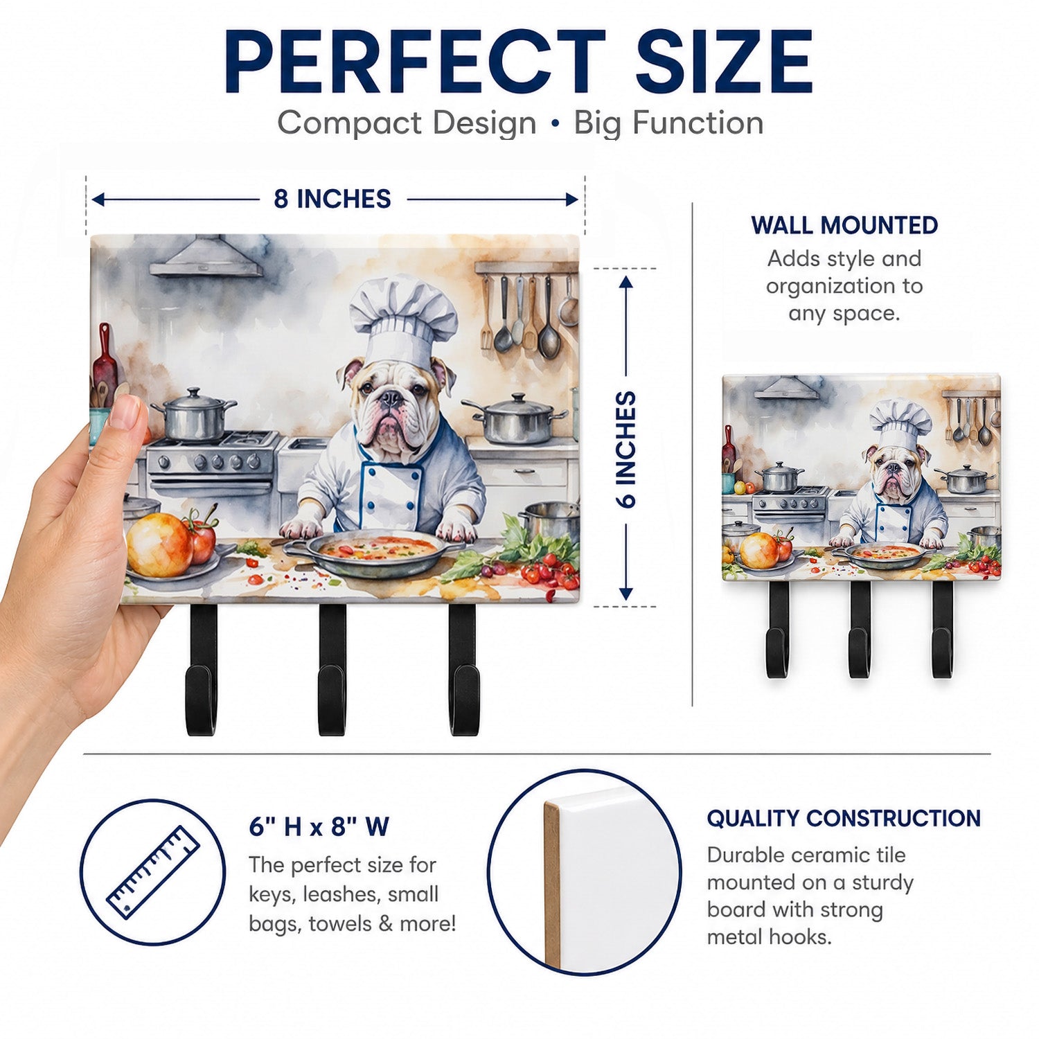 English Bulldog The Chef Leash or Key Holder Wall Hooks, Coat Rack Wall Mount, for Hanging Keys, Towels, Aprons, Leashes