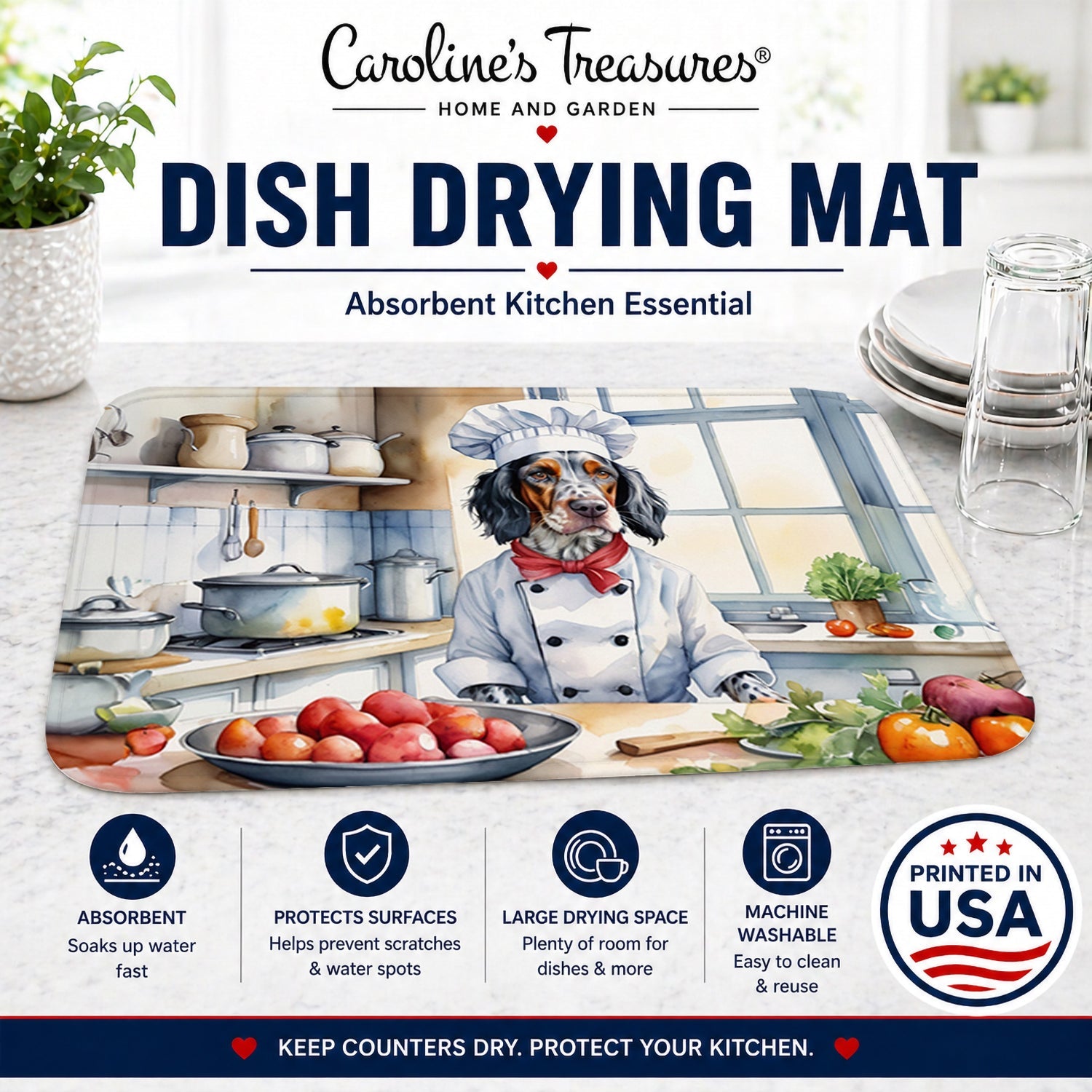 English Setter The Chef Dish Drying Mat Absorbent Dish Drying Mat Pad for Kitchen Counter Dish Drainer Mat for Countertop, 14 x 21", Multicolor