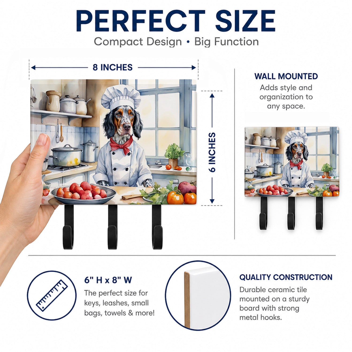 English Setter The Chef Leash or Key Holder Wall Hooks, Coat Rack Wall Mount, for Hanging Keys, Towels, Aprons, Leashes