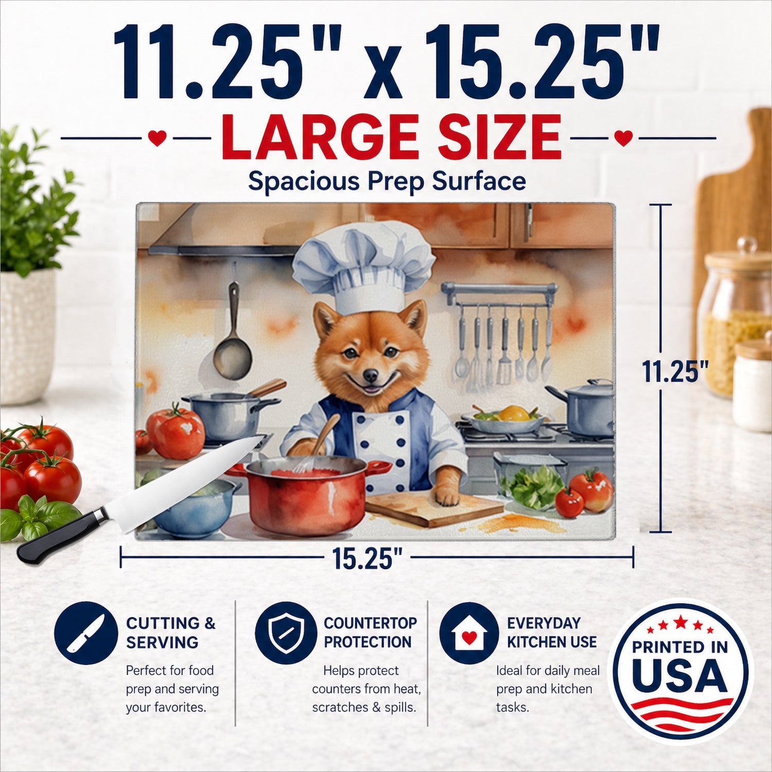 Finnish Spitz The Chef Cutting Board Tempered Glass Kitchen Cutting Surface, Heat Resistant Chopping, Non-Slip Feet, Food Prep & Serving
