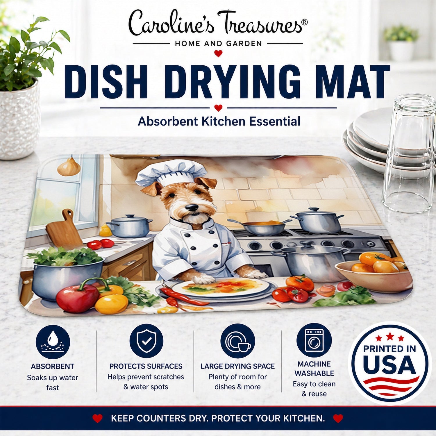 Fox Terrier The Chef Dish Drying Mat Absorbent Dish Drying Mat Pad for Kitchen Counter Dish Drainer Mat for Countertop, 14 x 21", Multicolor