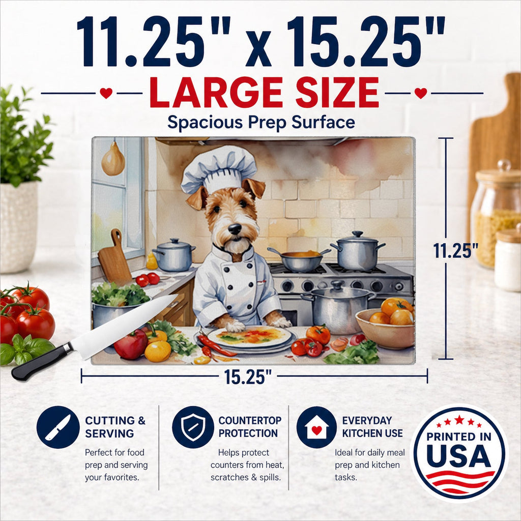 Fox Terrier The Chef Cutting Board Tempered Glass Kitchen Cutting Surface, Heat Resistant Chopping, Non-Slip Feet, Food Prep & Serving
