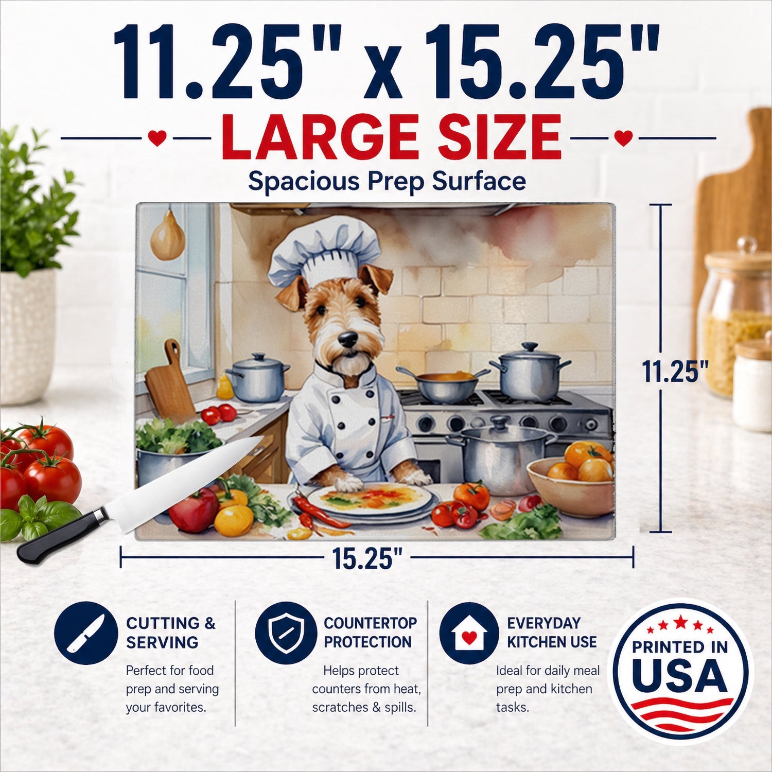 Fox Terrier The Chef Cutting Board Tempered Glass Kitchen Cutting Surface, Heat Resistant Chopping, Non-Slip Feet, Food Prep & Serving