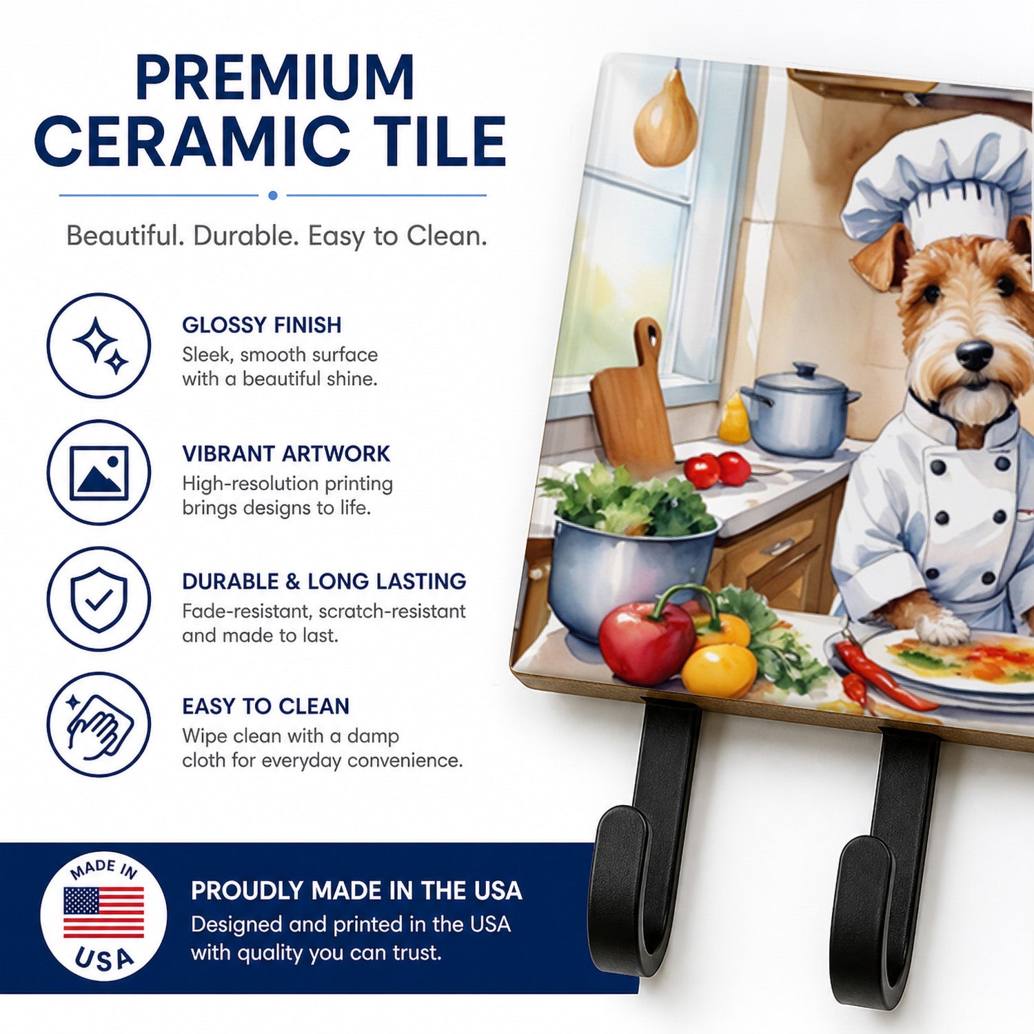 Fox Terrier The Chef Leash or Key Holder Wall Hooks, Coat Rack Wall Mount, for Hanging Keys, Towels, Aprons, Leashes