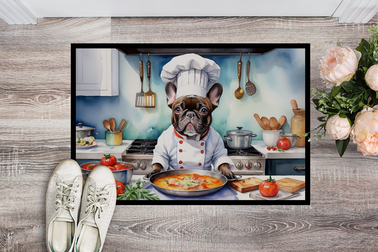 French Bulldog The Chef Doormat Indoor Outdoor 24H X 36W Front Door Mat Rugs for Entryway, Non Slip Washable Low Pile,