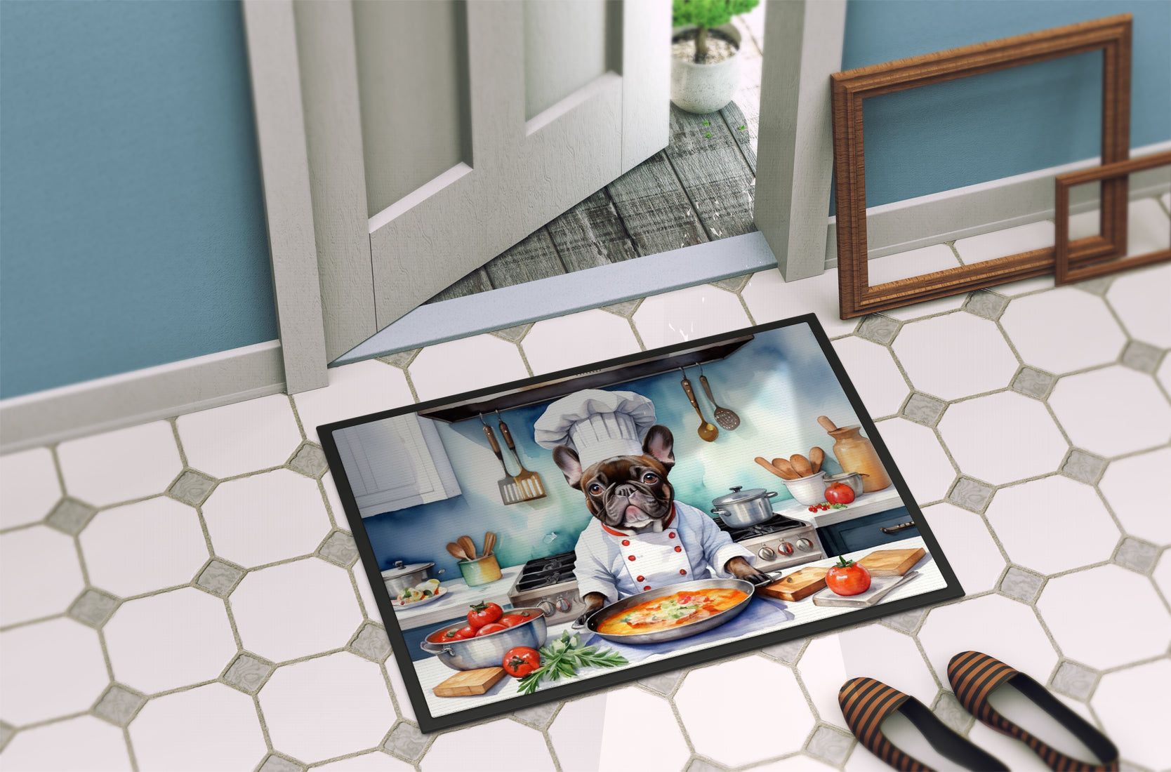 French Bulldog The Chef Doormat Indoor Outdoor 24H X 36W Front Door Mat Rugs for Entryway, Non Slip Washable Low Pile,