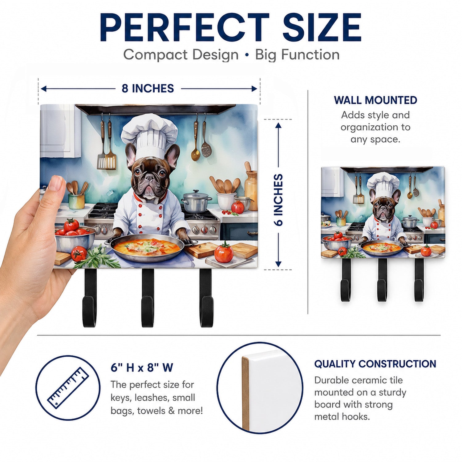 French Bulldog The Chef Leash or Key Holder Wall Hooks, Coat Rack Wall Mount, for Hanging Keys, Towels, Aprons, Leashes