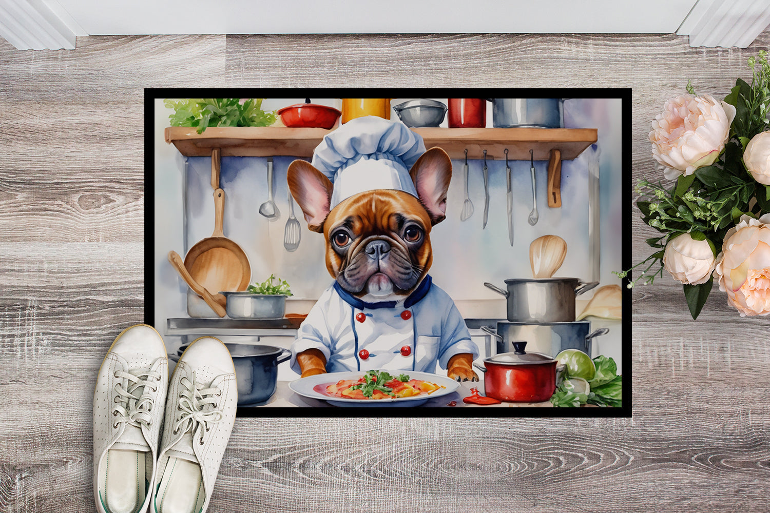 French Bulldog The Chef Doormat Indoor Outdoor 18H X 27W Front Door Mat Rugs for Entryway, Non Slip Washable