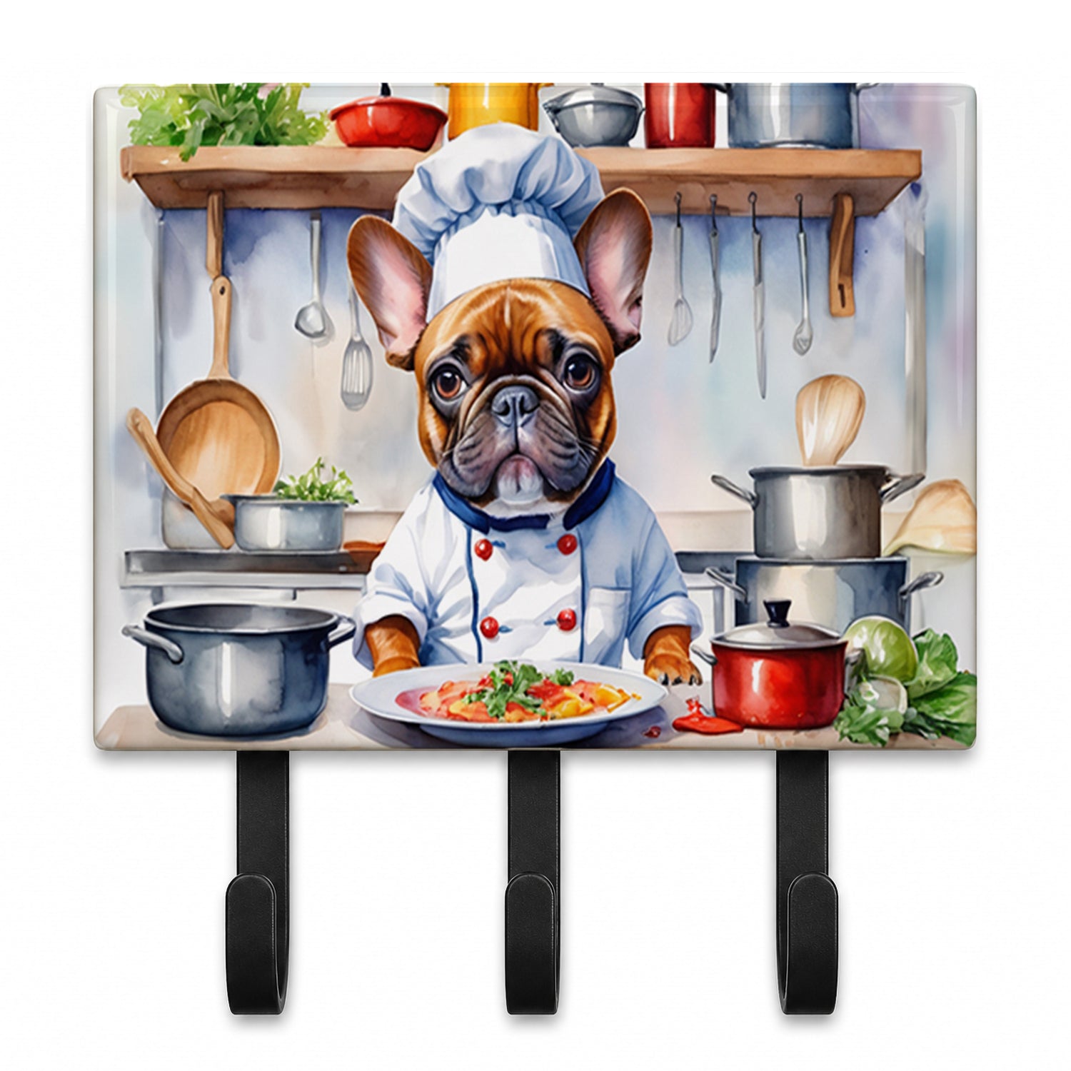 French Bulldog The Chef Leash or Key Holder Wall Hooks, Coat Rack Wall Mount, for Hanging Keys, Towels, Aprons, Leashes