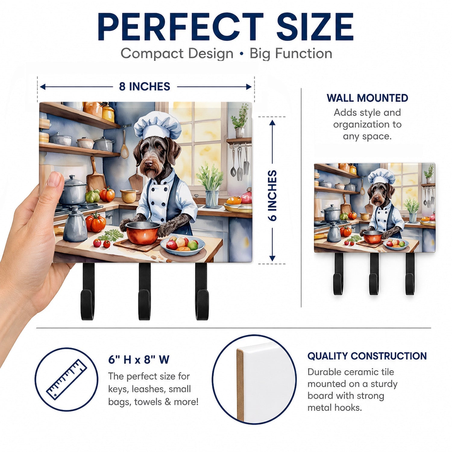 German Wirehaired Pointer The Chef Leash or Key Holder Wall Hooks, Coat Rack Wall Mount, for Hanging Keys, Towels, Aprons, Leashes