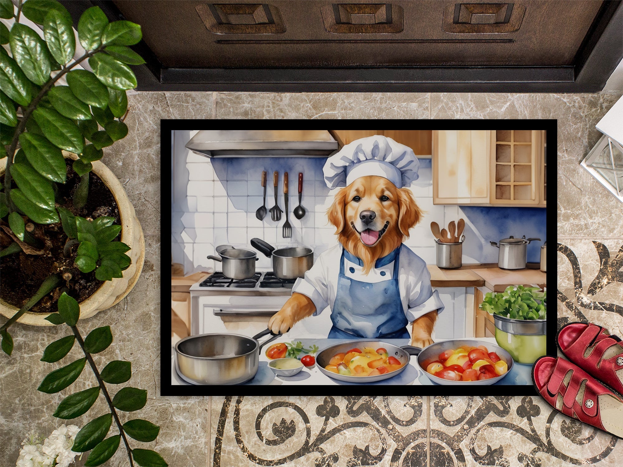 Golden Retriever The Chef Doormat Indoor Outdoor 24H X 36W Front Door Mat Rugs for Entryway, Non Slip Washable Low Pile,