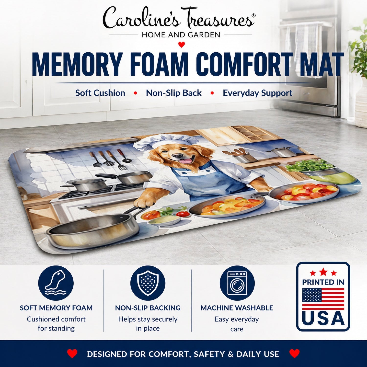 Golden Retriever The Chef Memory Foam Kitchen Mat Machine Washable Anti-Fatigue Cushion Comfort Bath or Kitchen Rug