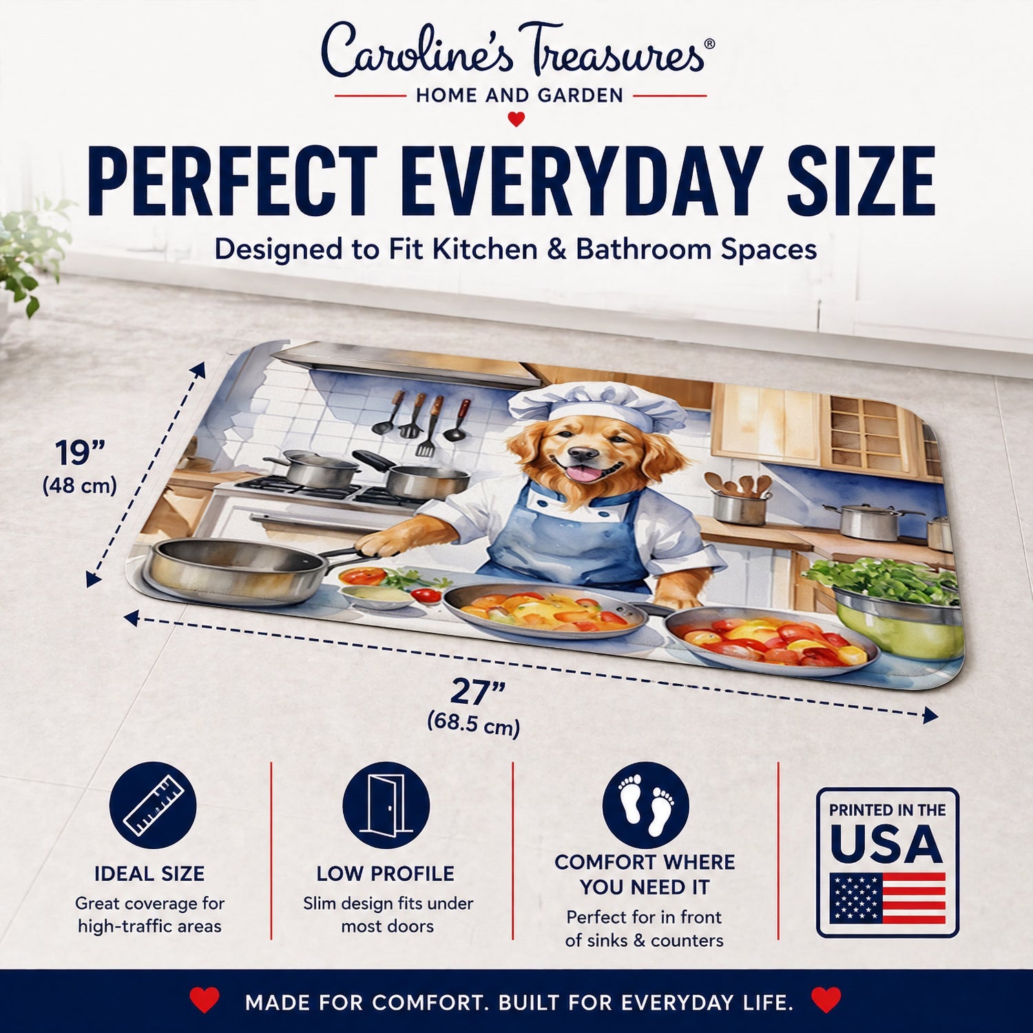 Golden Retriever The Chef Memory Foam Kitchen Mat Machine Washable Anti-Fatigue Cushion Comfort Bath or Kitchen Rug