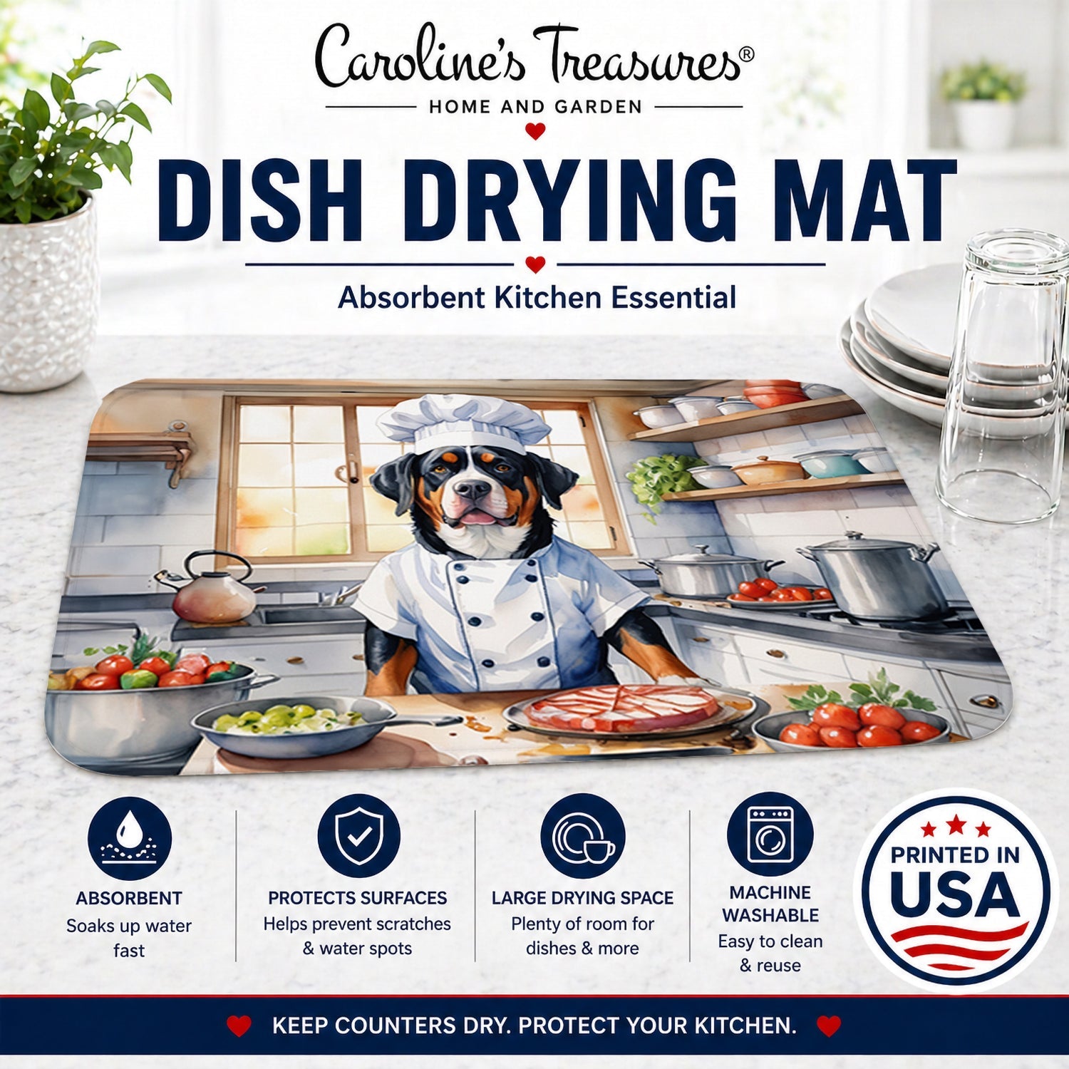 Greater Swiss Mountain Dog The Chef Dish Drying Mat Absorbent Dish Drying Mat Pad for Kitchen Counter Dish Drainer Mat for Countertop, 14 x 21", Multicolor