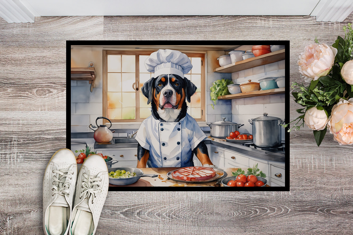 Greater Swiss Mountain Dog The Chef Doormat Indoor Outdoor 18H X 27W Front Door Mat Rugs for Entryway, Non Slip Washable