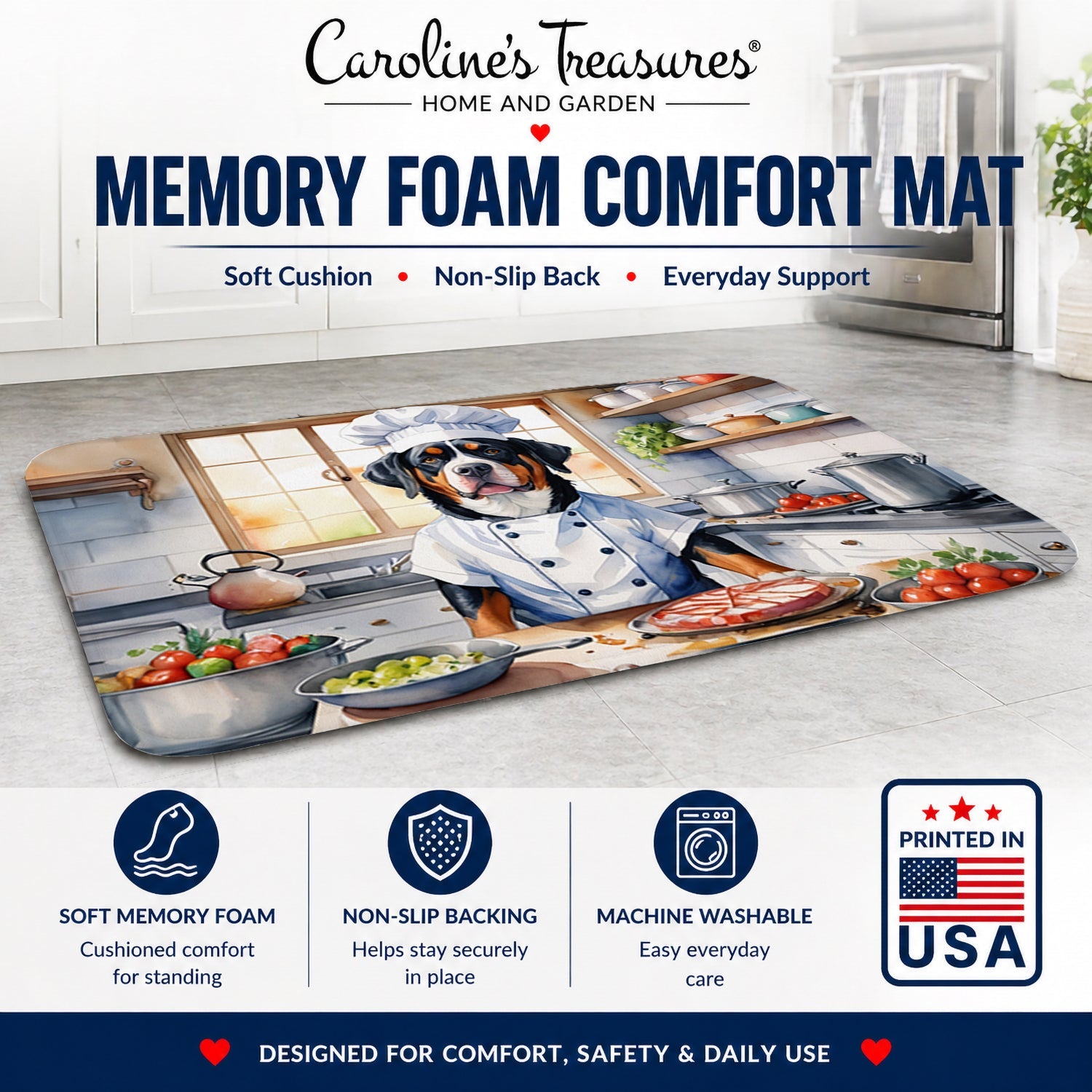 Greater Swiss Mountain Dog The Chef Memory Foam Kitchen Mat Machine Washable Anti-Fatigue Cushion Comfort Bath or Kitchen Rug