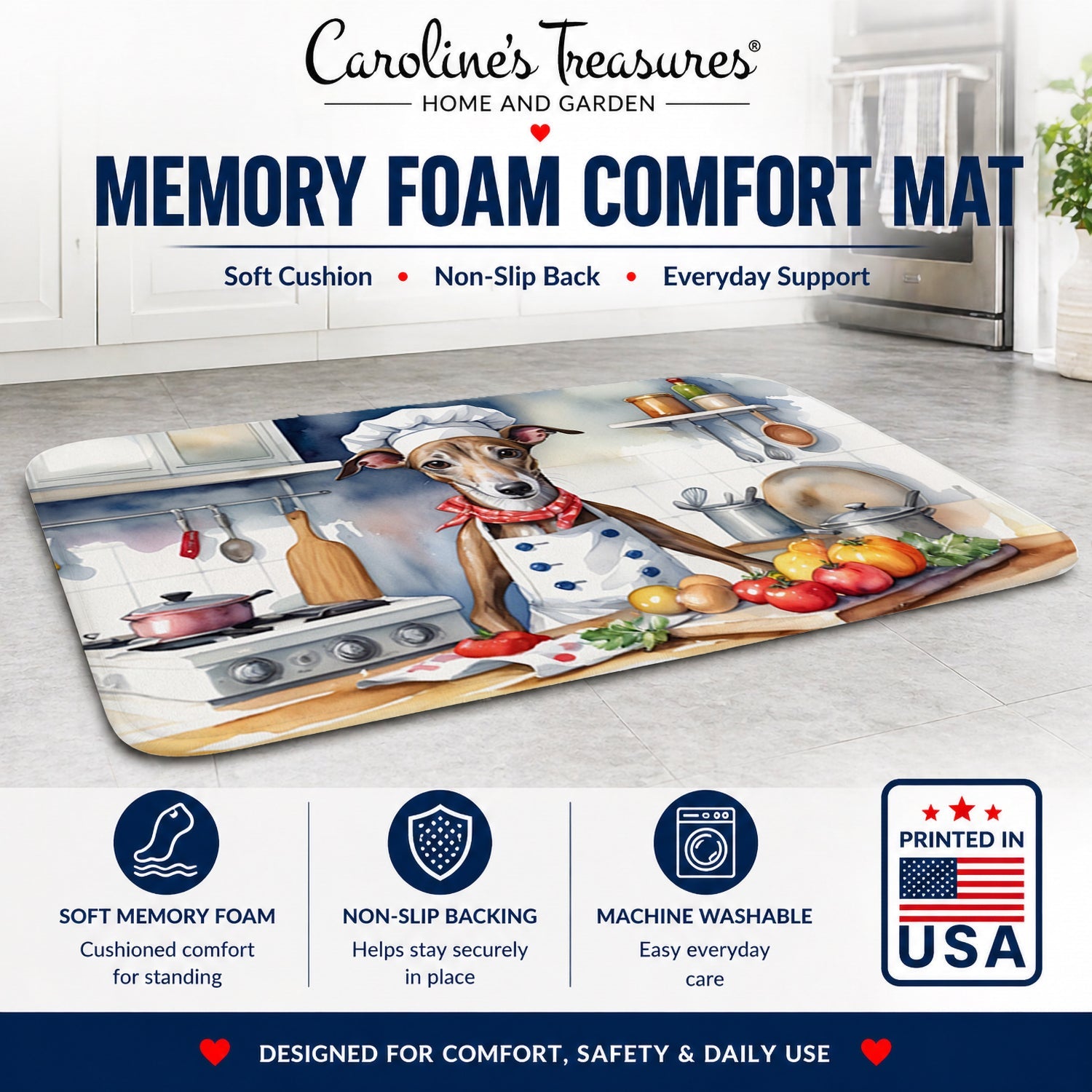 Greyhound The Chef Memory Foam Kitchen Mat Machine Washable Anti-Fatigue Cushion Comfort Bath or Kitchen Rug