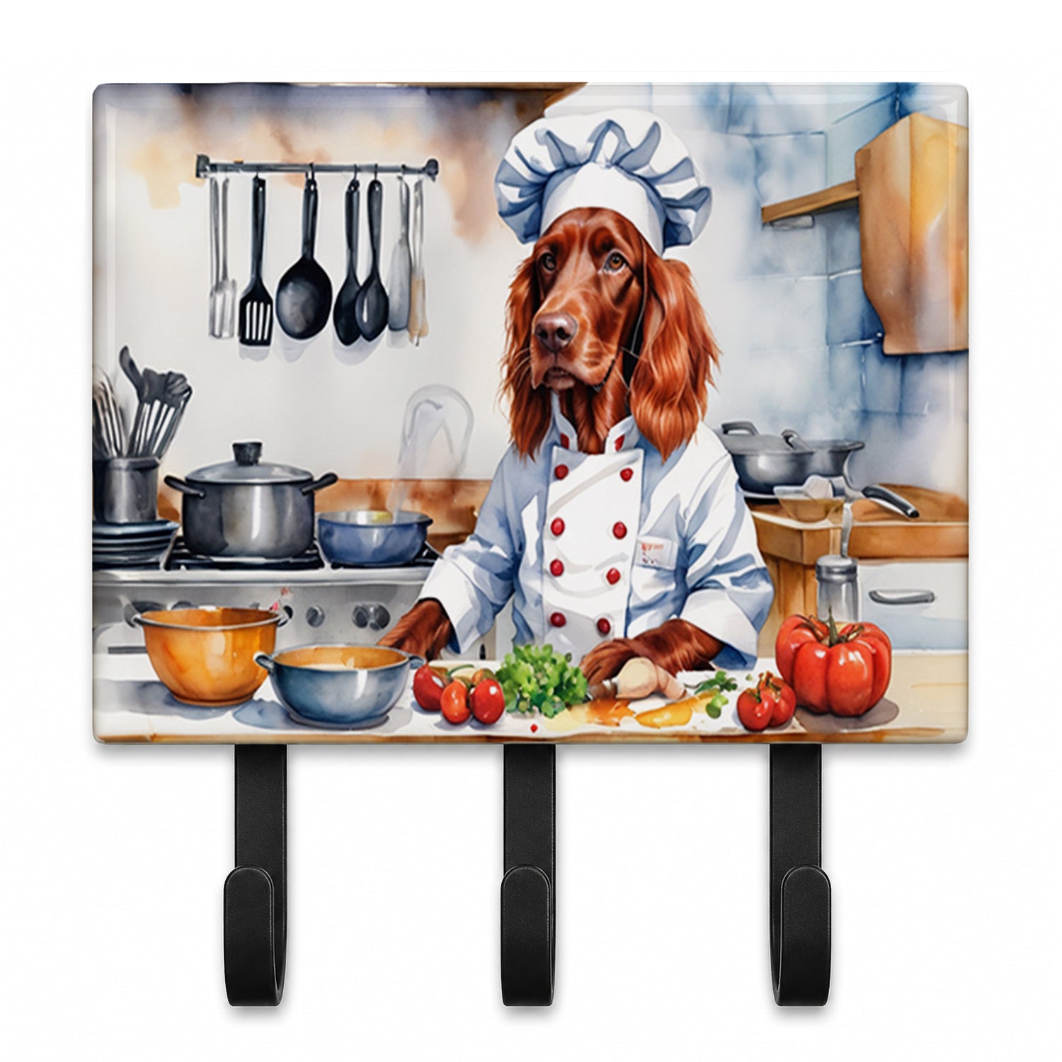 Irish Setter The Chef Leash or Key Holder Wall Hooks, Coat Rack Wall Mount, for Hanging Keys, Towels, Aprons, Leashes