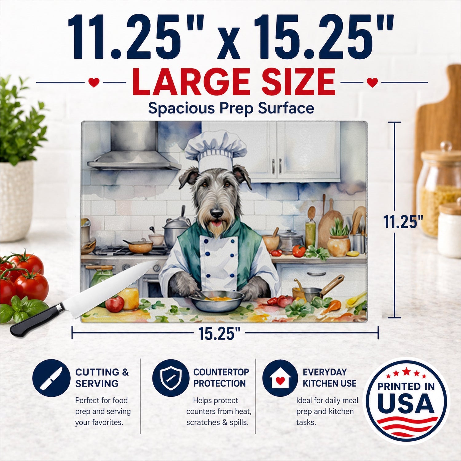 Irish Wolfhound The Chef Cutting Board Tempered Glass Kitchen Cutting Surface, Heat Resistant Chopping, Non-Slip Feet, Food Prep & Serving