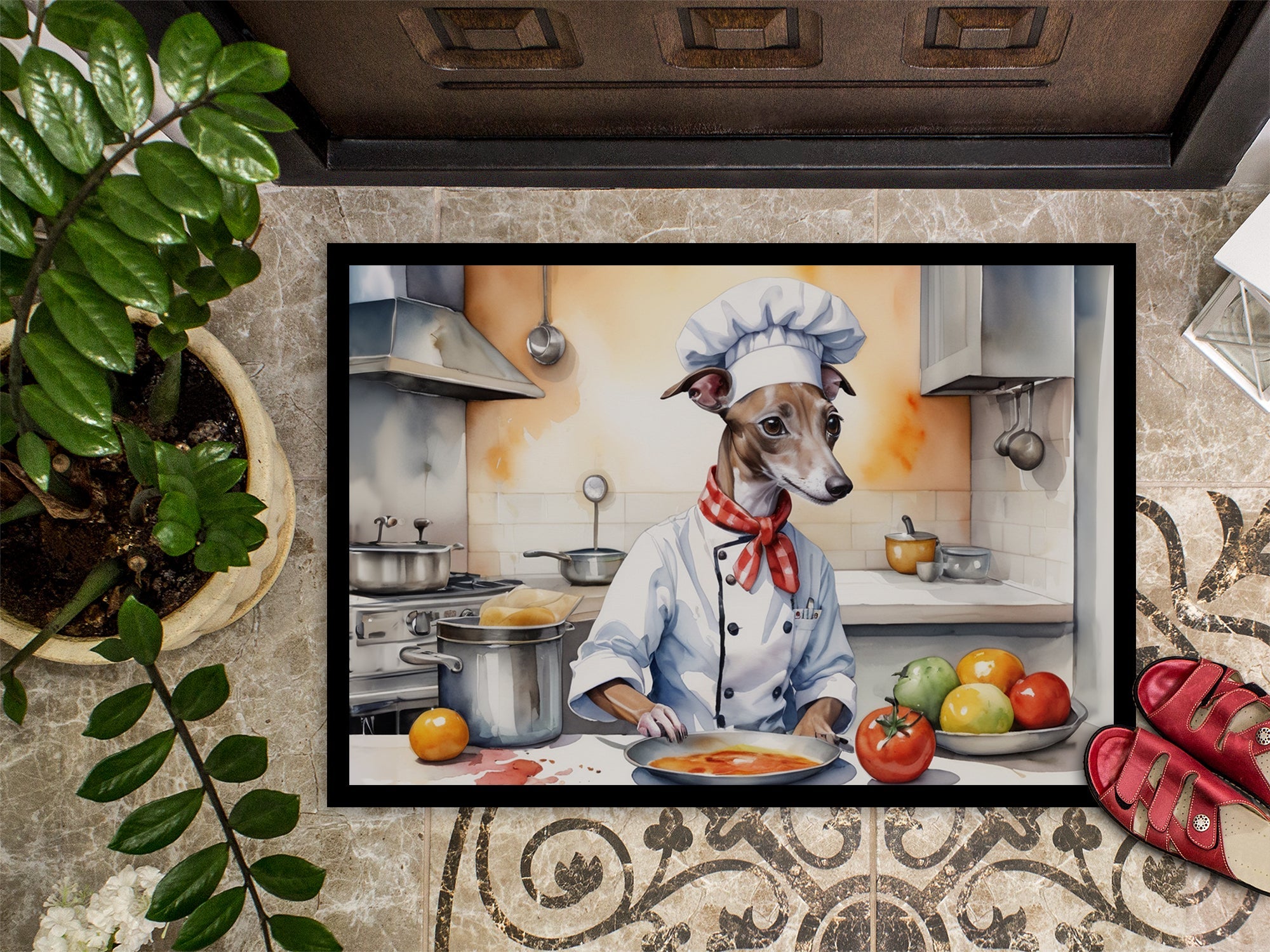 Italian Greyhound The Chef Doormat Indoor Outdoor 24H X 36W Front Door Mat Rugs for Entryway, Non Slip Washable Low Pile,