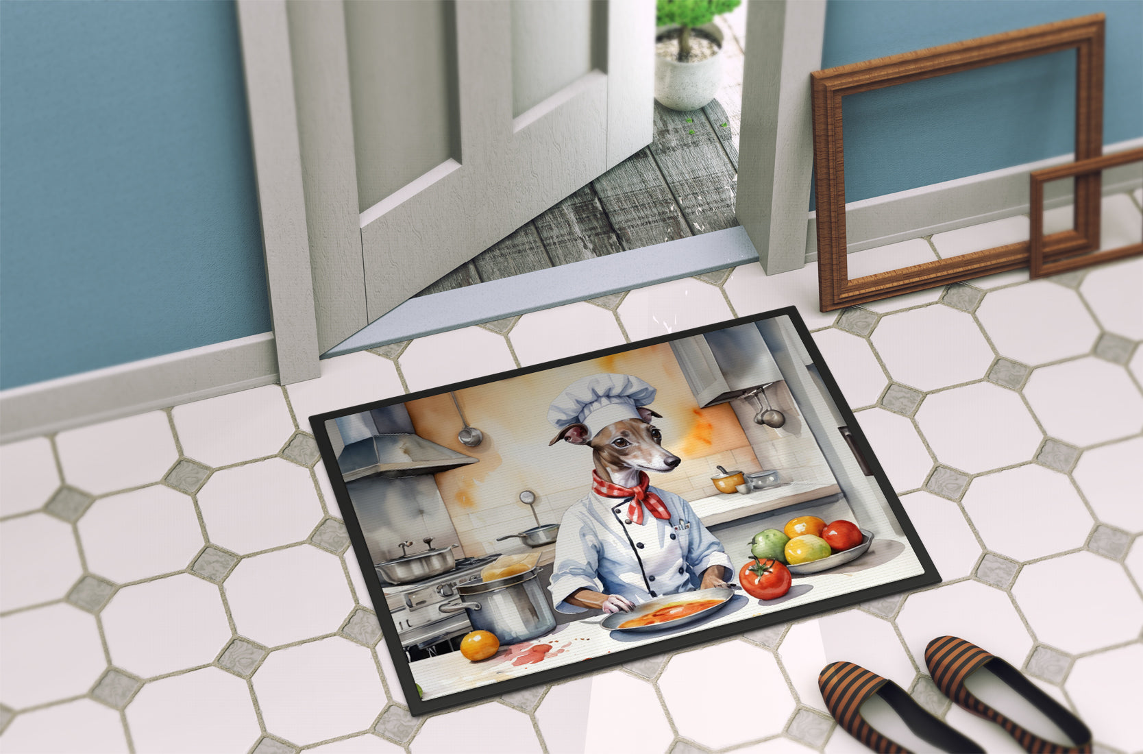 Italian Greyhound The Chef Doormat Indoor Outdoor 24H X 36W Front Door Mat Rugs for Entryway, Non Slip Washable Low Pile,