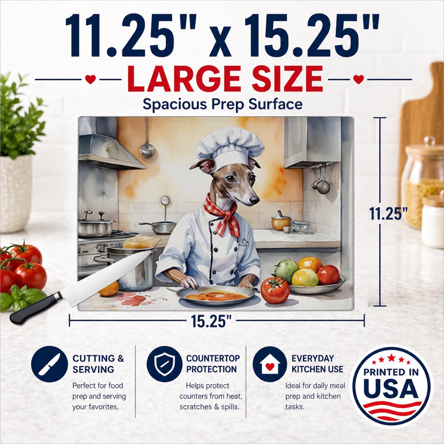 Italian Greyhound The Chef Cutting Board Tempered Glass Kitchen Cutting Surface, Heat Resistant Chopping, Non-Slip Feet, Food Prep & Serving