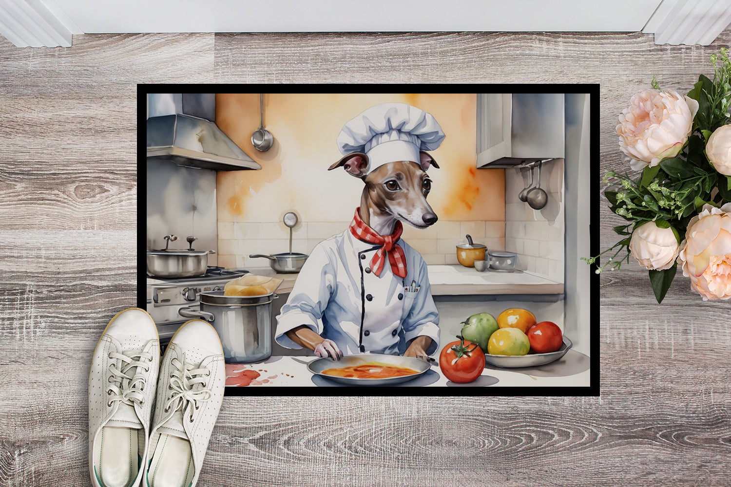 Italian Greyhound The Chef Doormat Indoor Outdoor 18H X 27W Front Door Mat Rugs for Entryway, Non Slip Washable