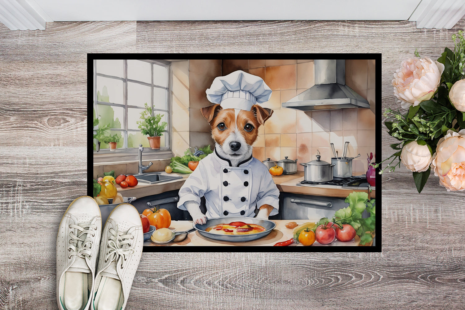 Jack Russell Terrier The Chef Doormat Indoor Outdoor 24H X 36W Front Door Mat Rugs for Entryway, Non Slip Washable Low Pile,