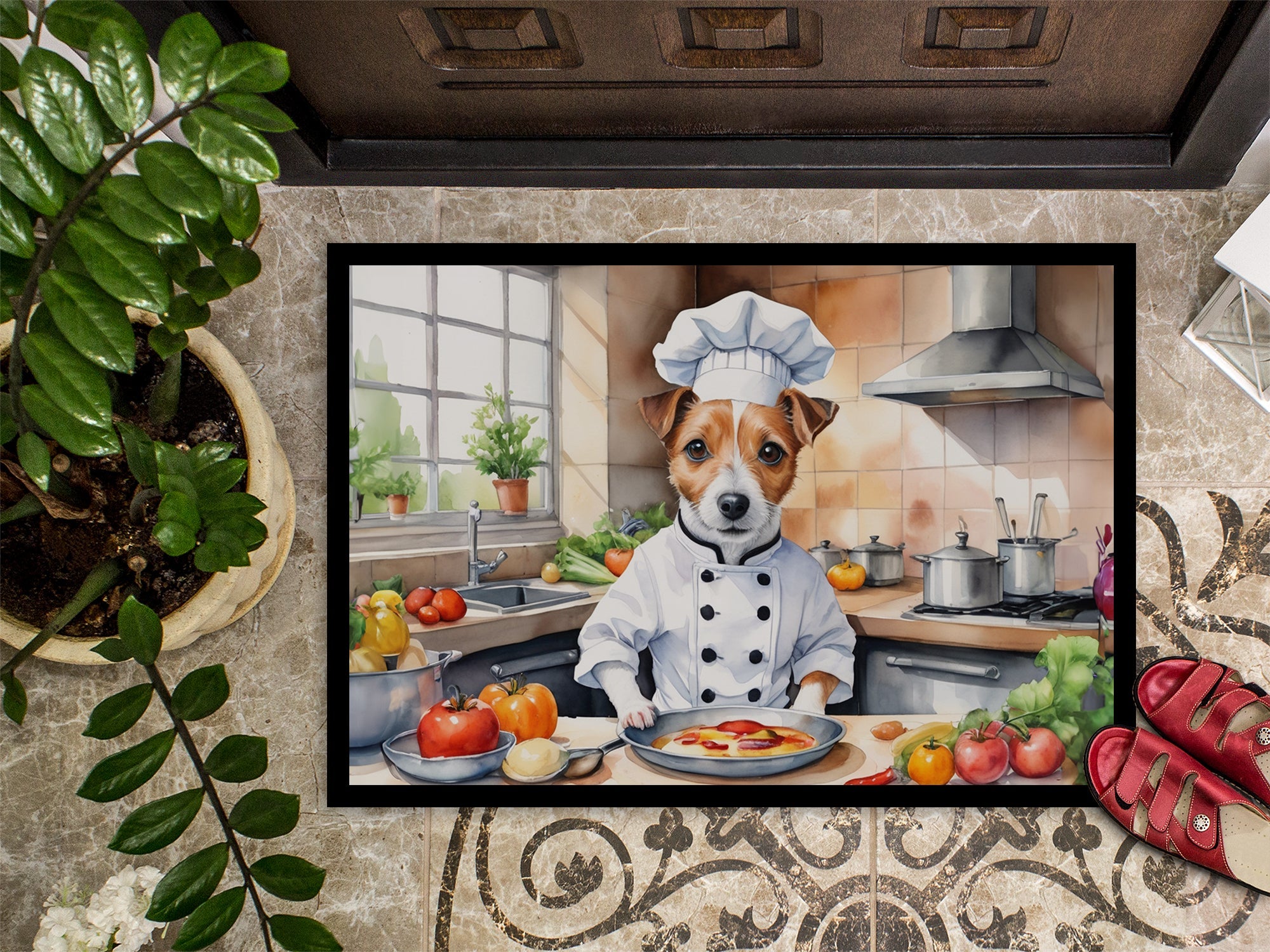 Jack Russell Terrier The Chef Doormat Indoor Outdoor 18H X 27W Front Door Mat Rugs for Entryway, Non Slip Washable