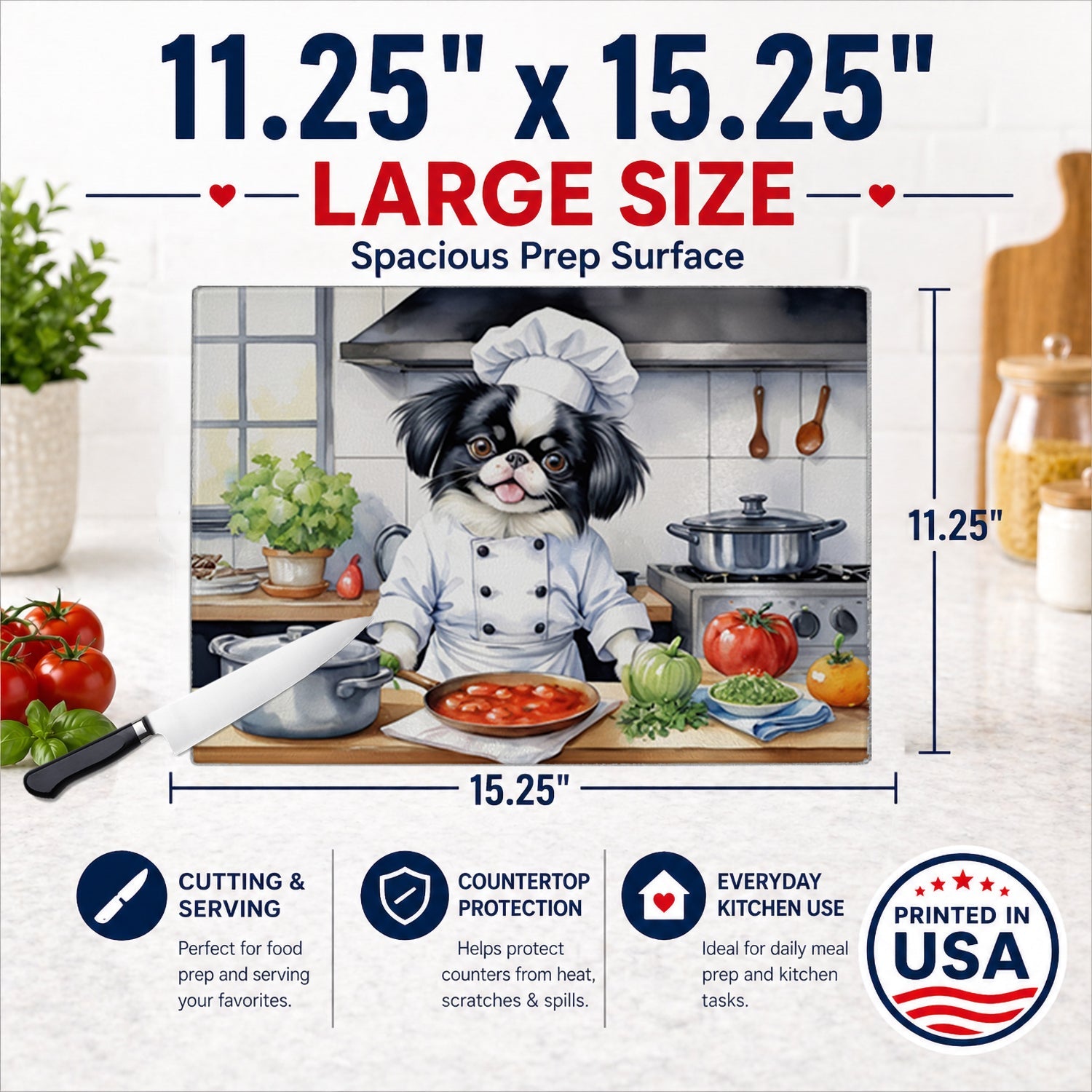 Japanese Chin The Chef Cutting Board Tempered Glass Kitchen Cutting Surface, Heat Resistant Chopping, Non-Slip Feet, Food Prep & Serving