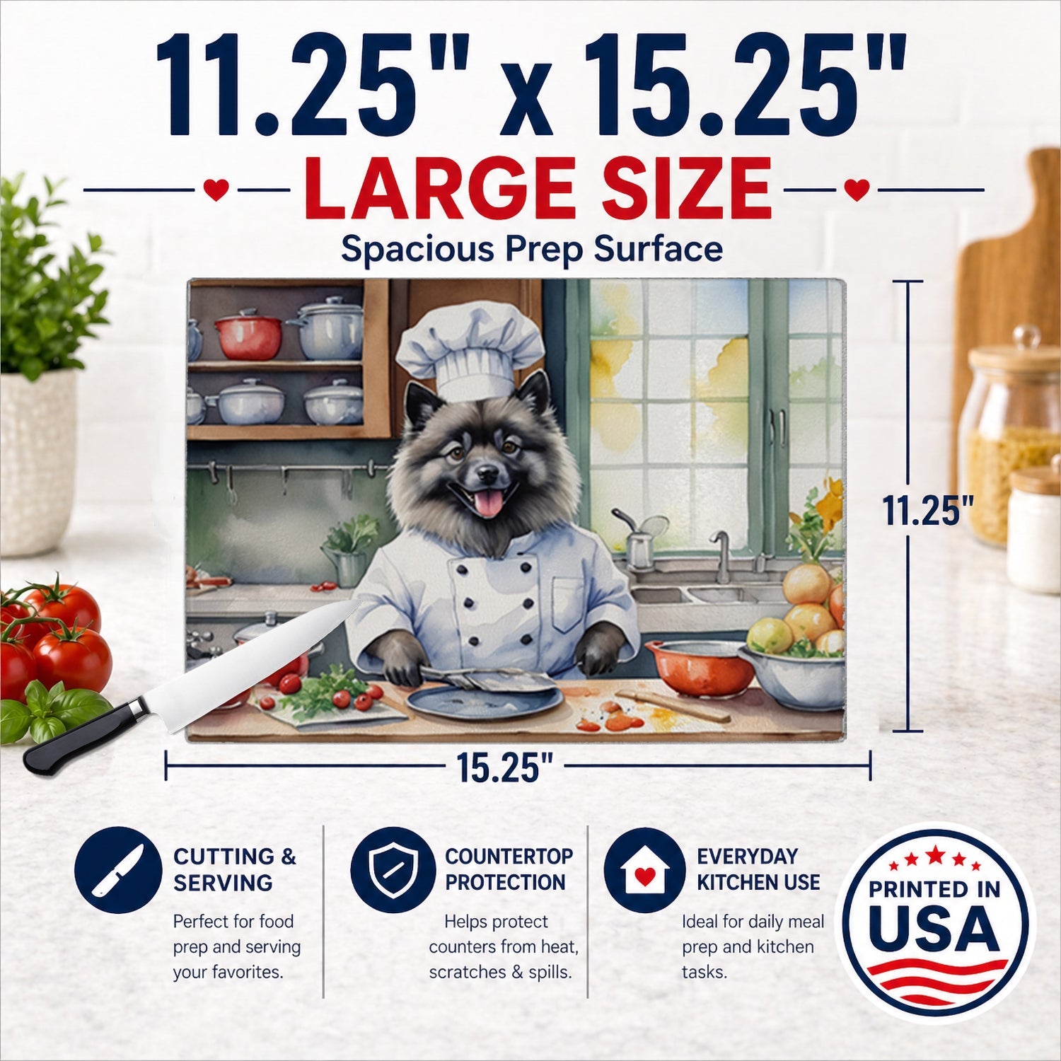 Keeshond The Chef Cutting Board Tempered Glass Kitchen Cutting Surface, Heat Resistant Chopping, Non-Slip Feet, Food Prep & Serving