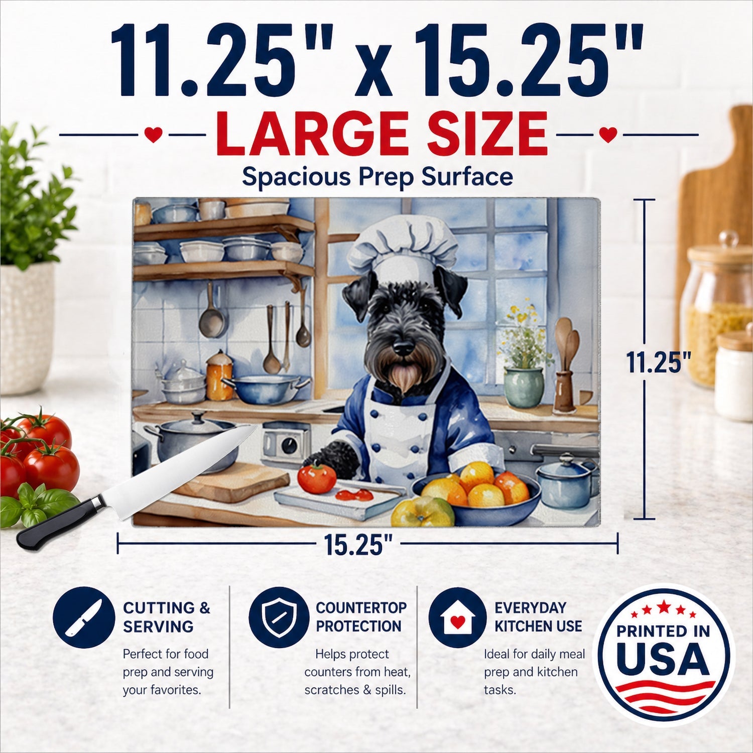Kerry Blue Terrier The Chef Cutting Board Tempered Glass Kitchen Cutting Surface, Heat Resistant Chopping, Non-Slip Feet, Food Prep & Serving