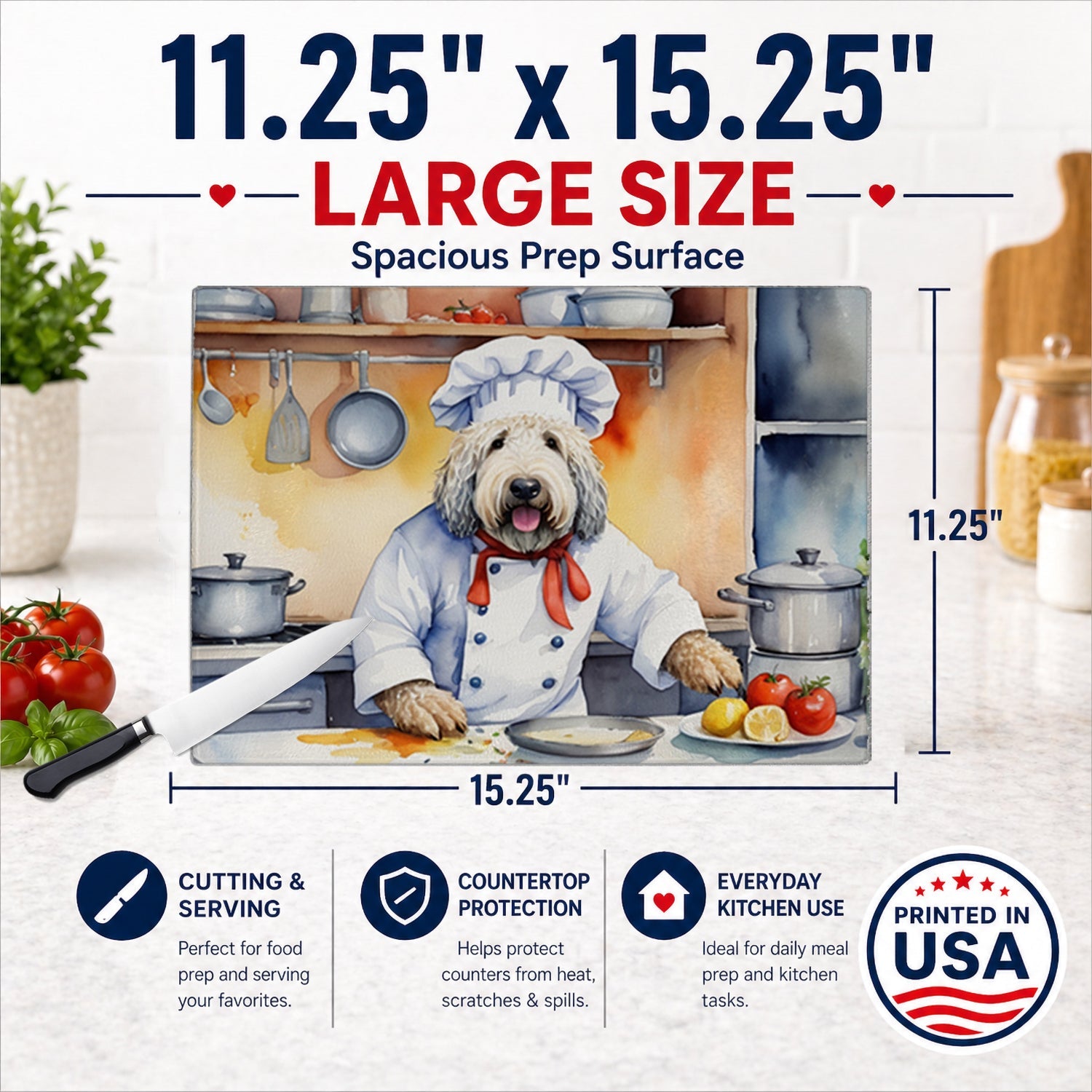 Komondor The Chef Cutting Board Tempered Glass Kitchen Cutting Surface, Heat Resistant Chopping, Non-Slip Feet, Food Prep & Serving