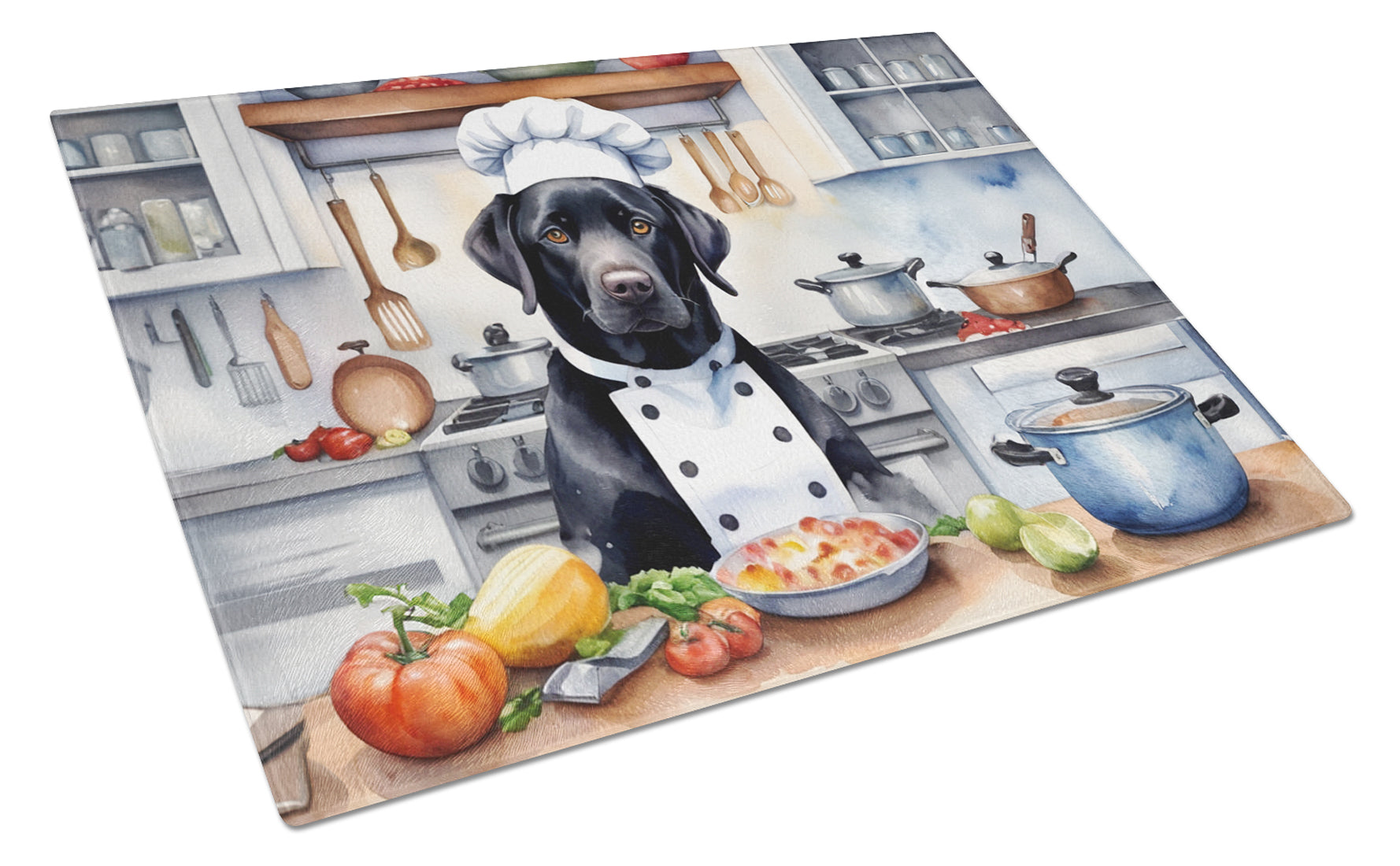 Black Labrador Retriever The Chef Cutting Board Tempered Glass Kitchen Cutting Surface, Heat Resistant Chopping, Non-Slip Feet, Food Prep & Serving