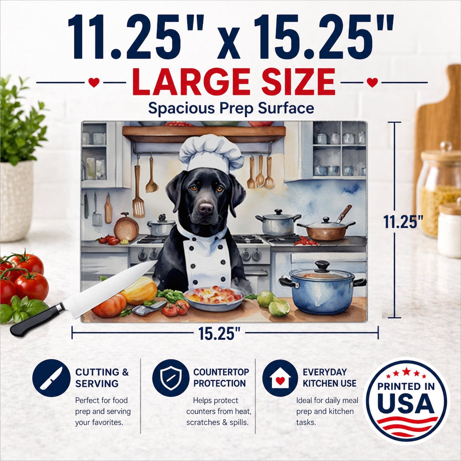 Black Labrador Retriever The Chef Cutting Board Tempered Glass Kitchen Cutting Surface, Heat Resistant Chopping, Non-Slip Feet, Food Prep & Serving