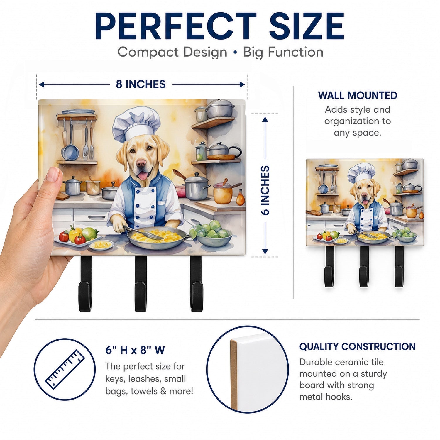 Yellow Labrador Retriever The Chef Leash or Key Holder Wall Hooks, Coat Rack Wall Mount, for Hanging Keys, Towels, Aprons, Leashes