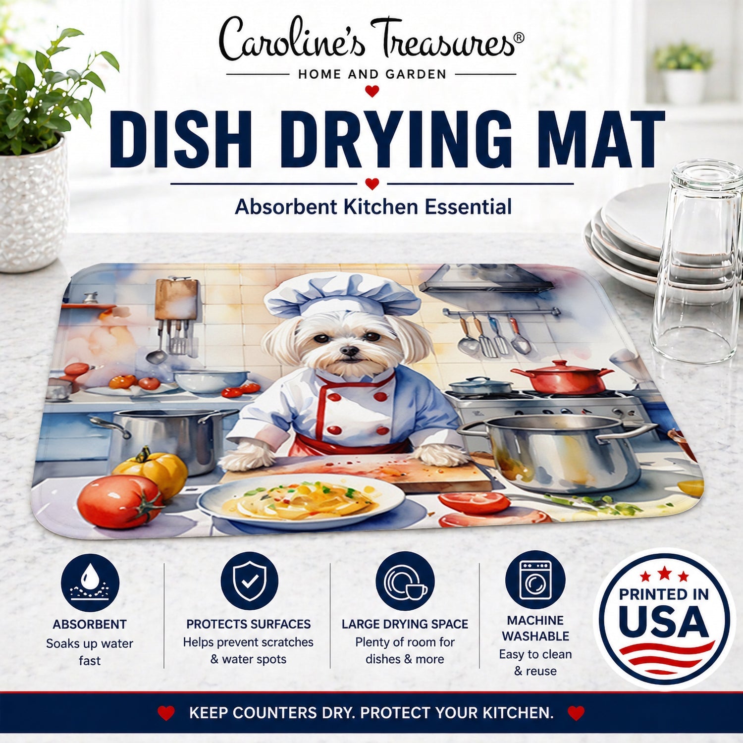 Maltese The Chef Dish Drying Mat Absorbent Dish Drying Mat Pad for Kitchen Counter Dish Drainer Mat for Countertop, 14 x 21", Multicolor