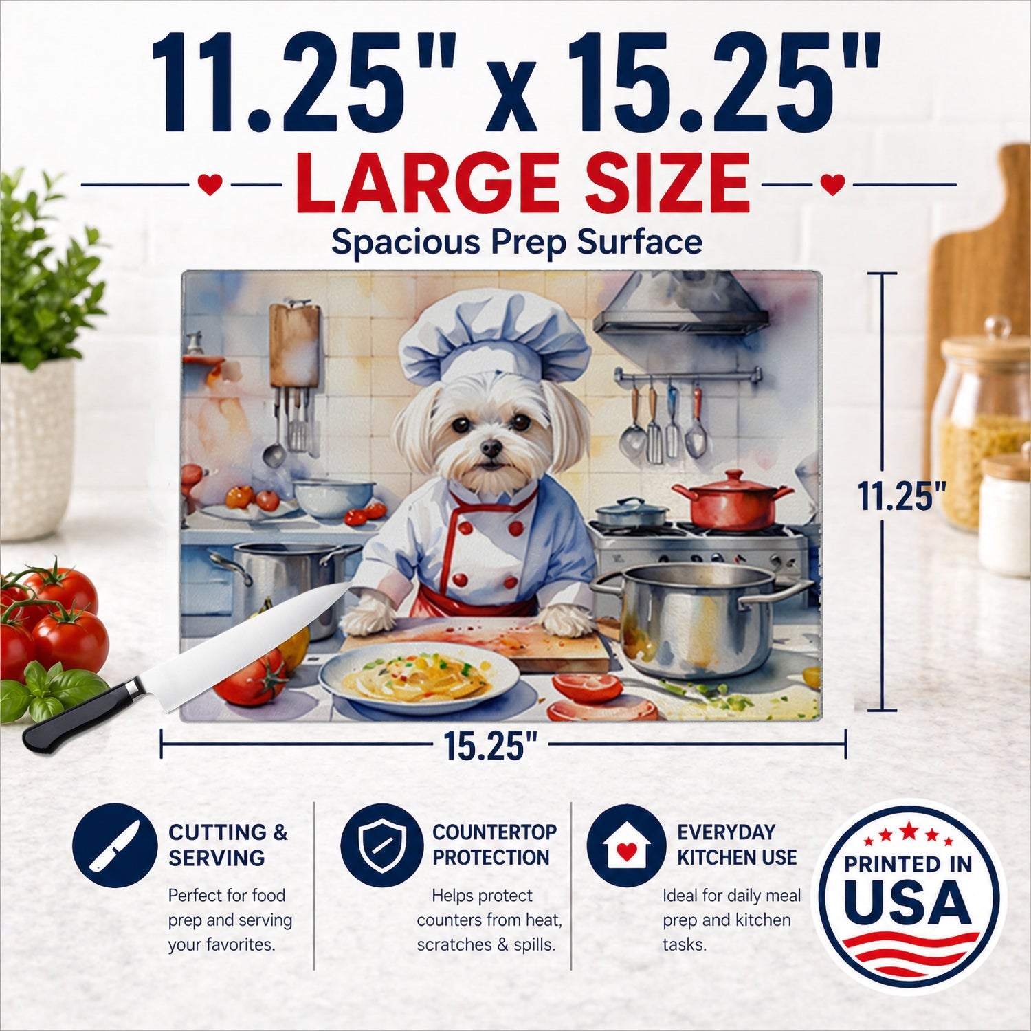 Maltese The Chef Cutting Board Tempered Glass Kitchen Cutting Surface, Heat Resistant Chopping, Non-Slip Feet, Food Prep & Serving