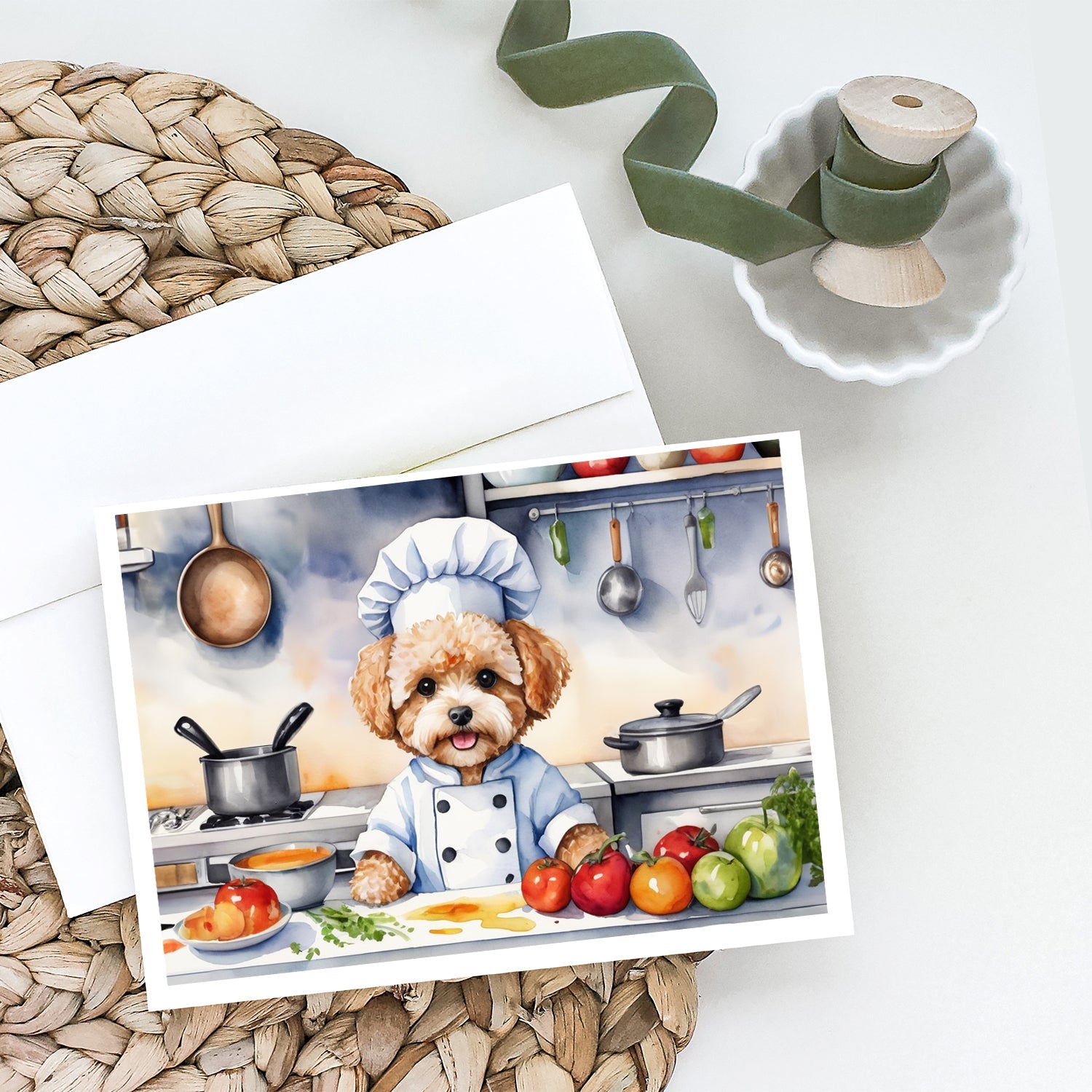Maltipoo The Chef Greeting Cards Pack of 8 Blank Cards with Envelopes Whimsical A7 Size 5x7