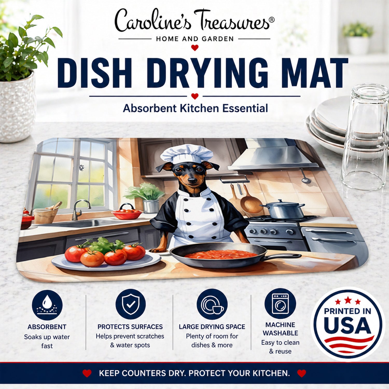 Manchester Terrier The Chef Dish Drying Mat Absorbent Dish Drying Mat Pad for Kitchen Counter Dish Drainer Mat for Countertop, 14 x 21", Multicolor