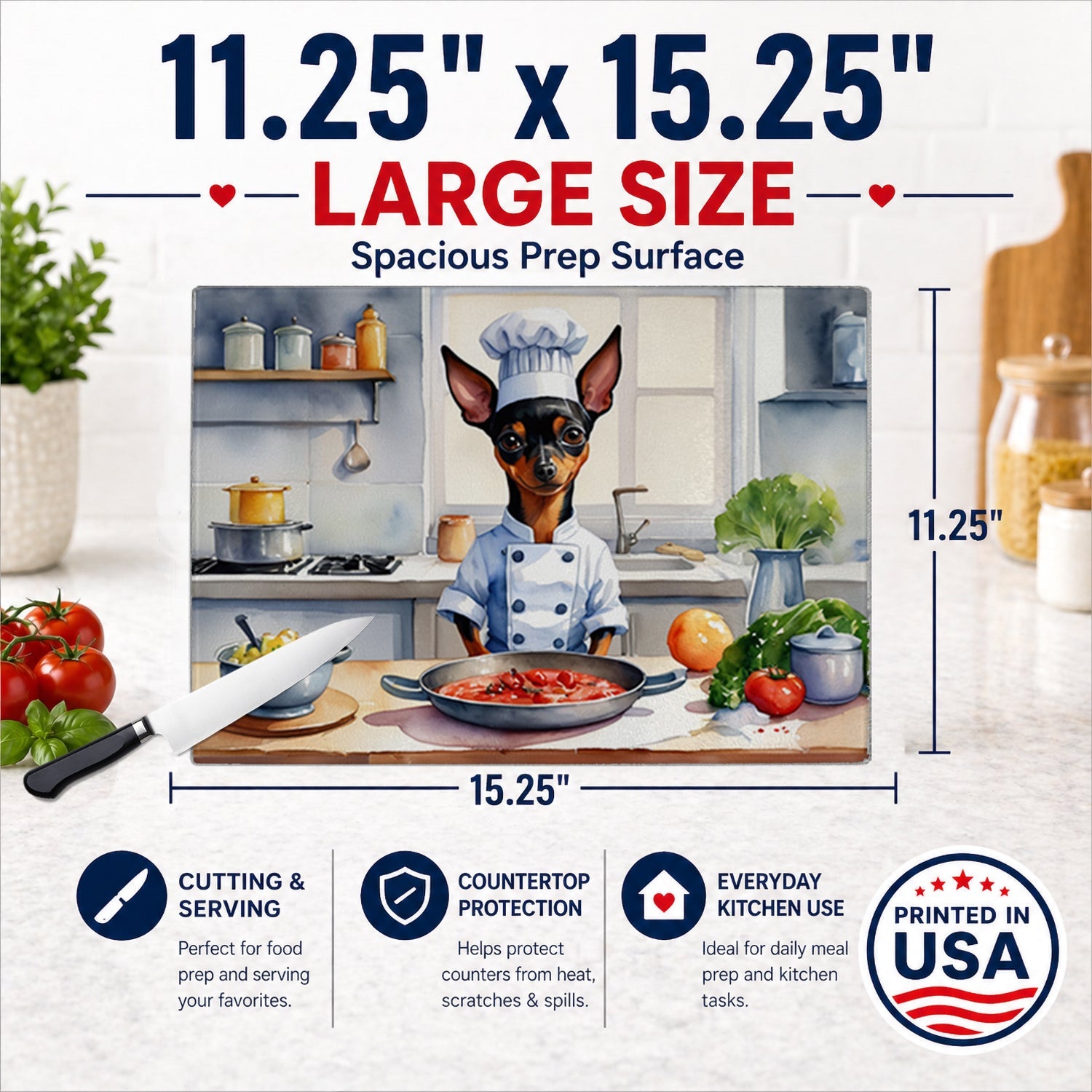 Miniature Pinscher The Chef Cutting Board Tempered Glass Kitchen Cutting Surface, Heat Resistant Chopping, Non-Slip Feet, Food Prep & Serving