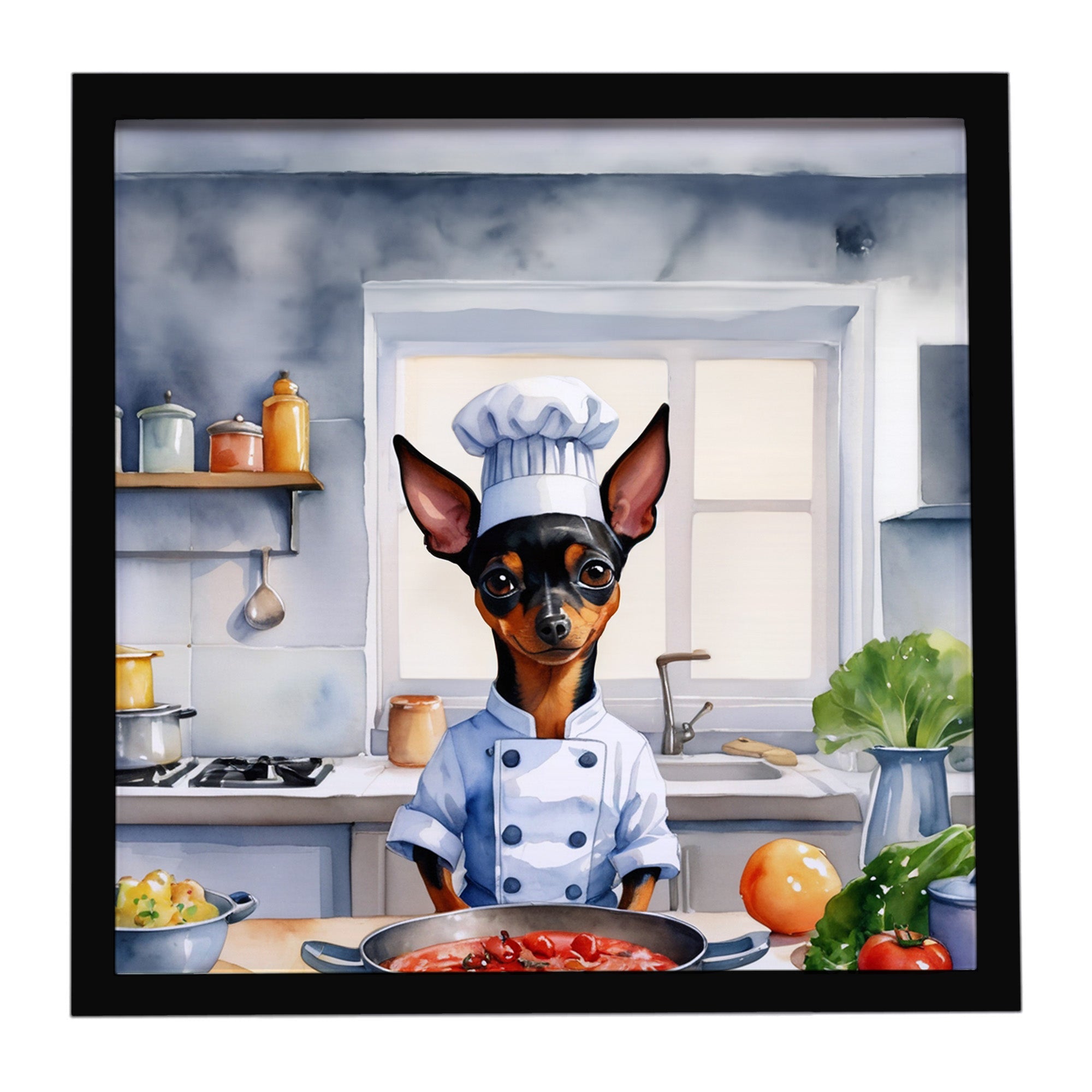 Miniature Pinscher The Chef Framed Metal Print Bathroom, Kitchen, Office, Home Decor Wall Art Ready to Hang, Square, 8X8