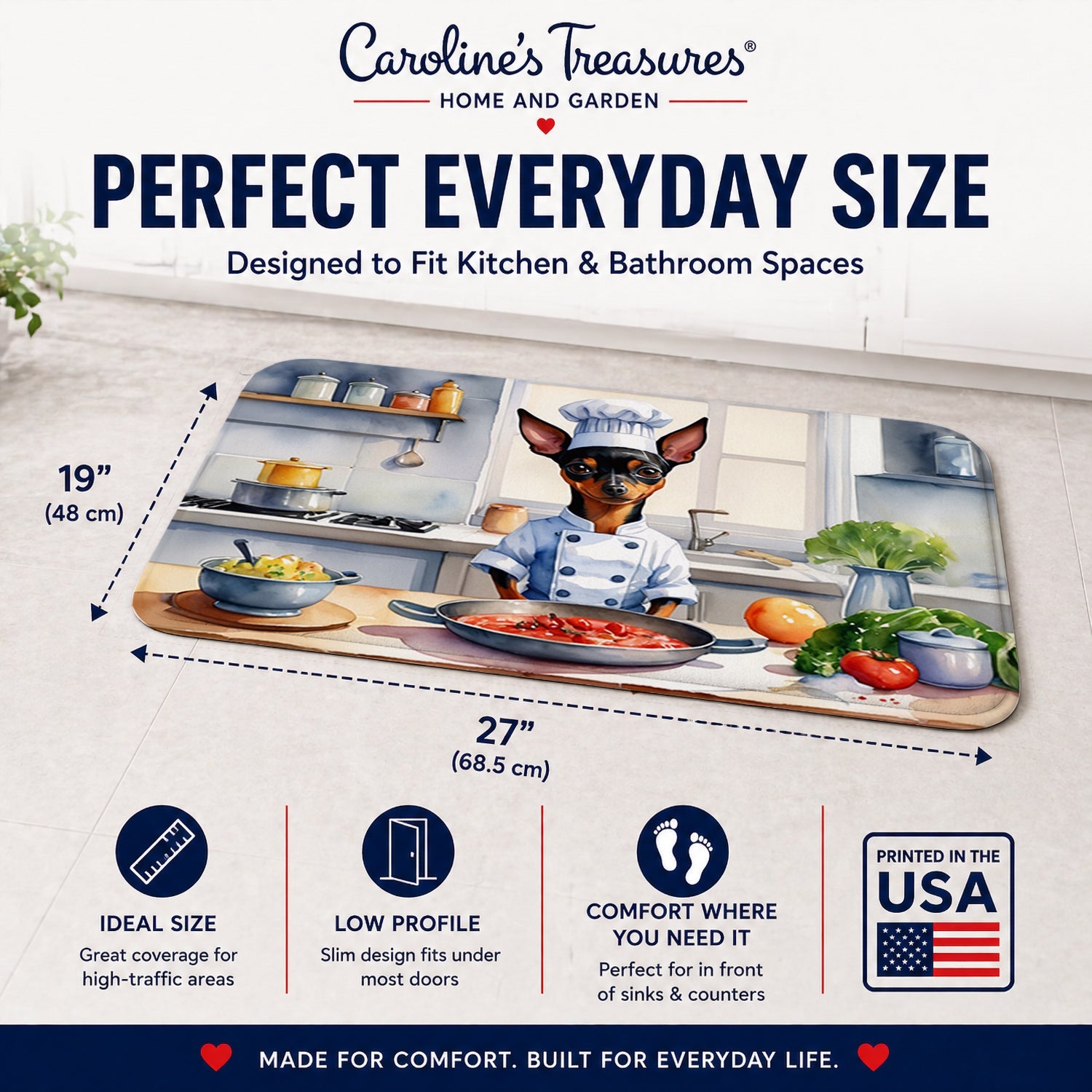 Miniature Pinscher The Chef Memory Foam Kitchen Mat Machine Washable Anti-Fatigue Cushion Comfort Bath or Kitchen Rug