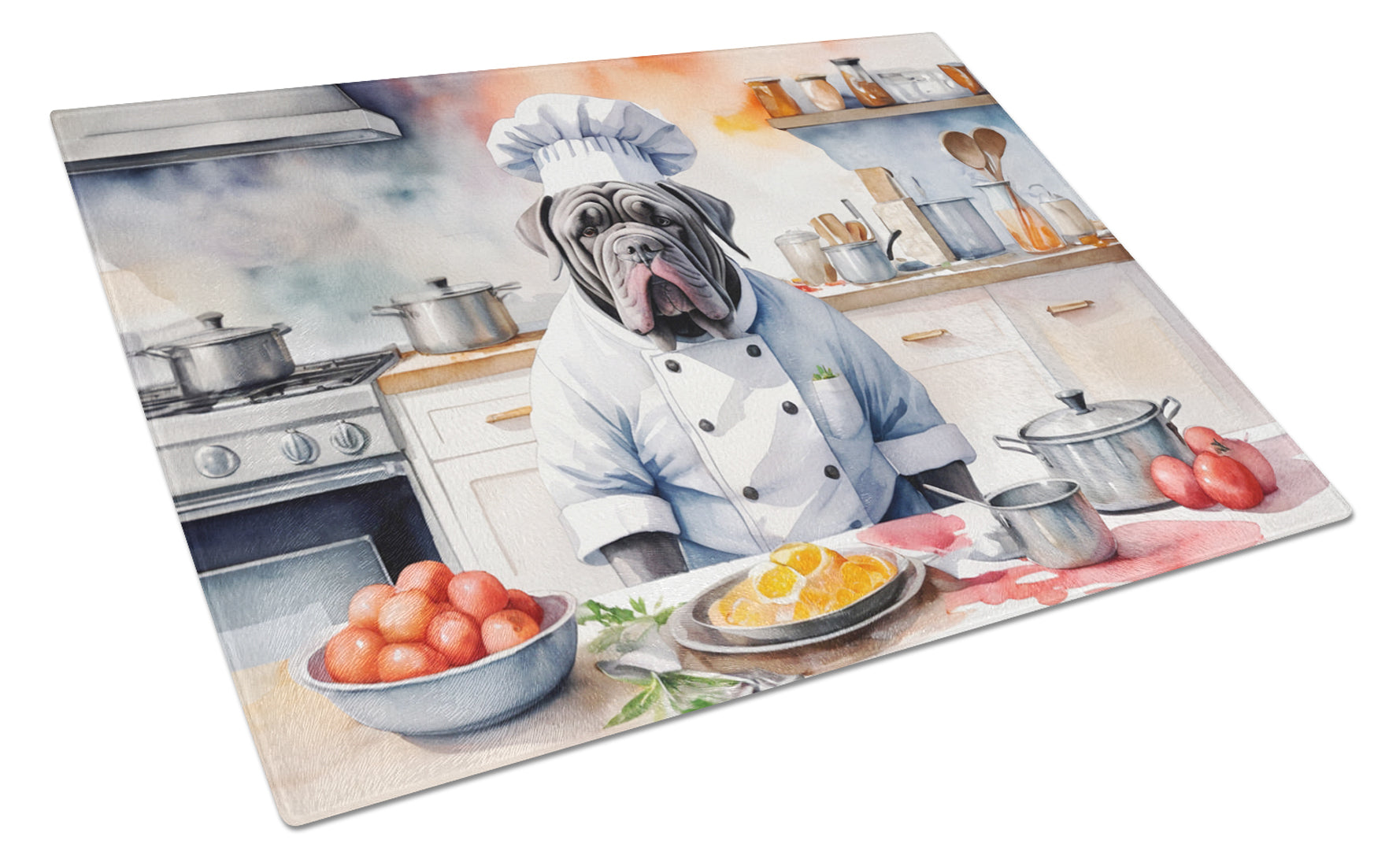 Neapolitan Mastiff The Chef Cutting Board Tempered Glass Kitchen Cutting Surface, Heat Resistant Chopping, Non-Slip Feet, Food Prep & Serving