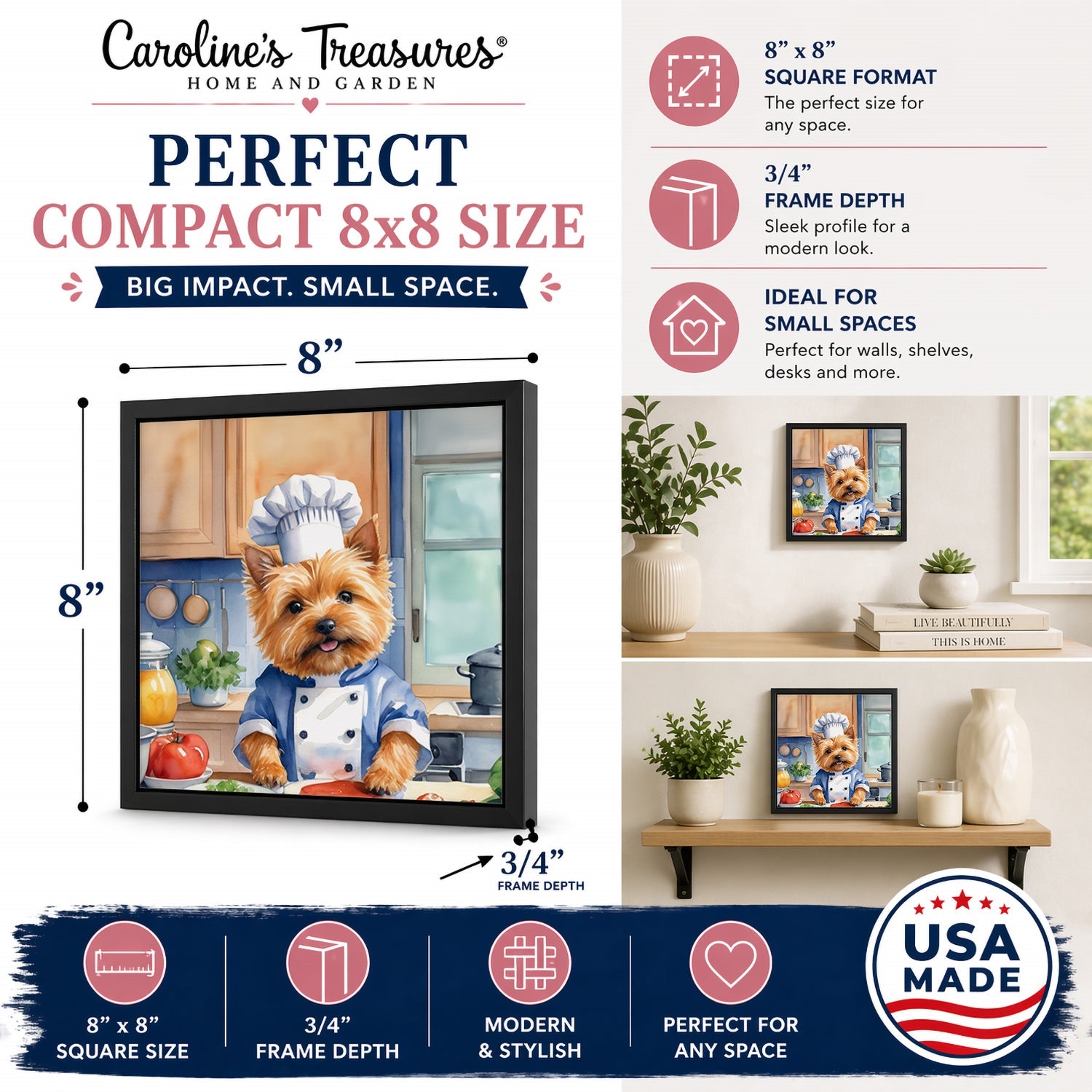 Norwich Terrier The Chef Framed Metal Print Bathroom, Kitchen, Office, Home Decor Wall Art Ready to Hang, Square, 8X8