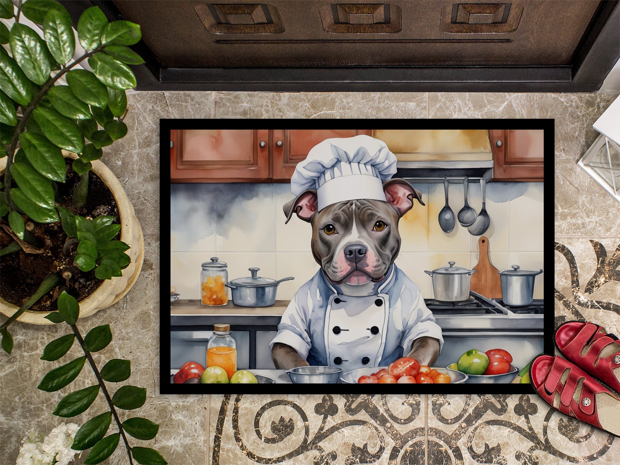Pit Bull Terrier The Chef Doormat Indoor Outdoor 24H X 36W Front Door Mat Rugs for Entryway, Non Slip Washable Low Pile,