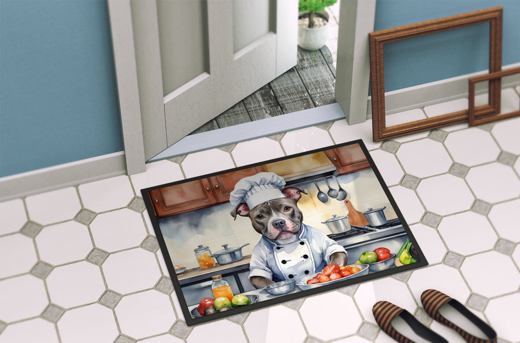 Pit Bull Terrier The Chef Doormat Indoor Outdoor 18H X 27W Front Door Mat Rugs for Entryway, Non Slip Washable