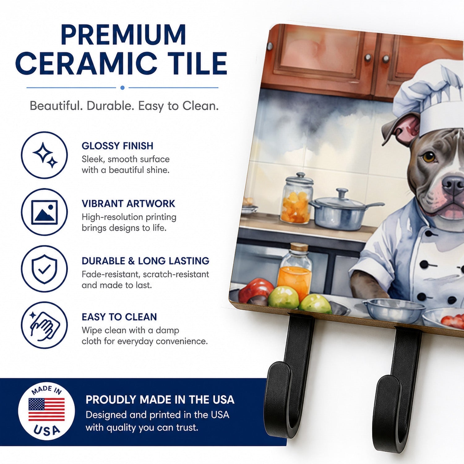 Pit Bull Terrier The Chef Leash or Key Holder Wall Hooks, Coat Rack Wall Mount, for Hanging Keys, Towels, Aprons, Leashes