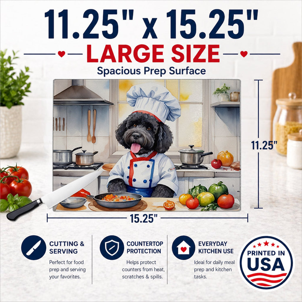 Portuguese Water Dog The Chef Cutting Board Tempered Glass Kitchen Cutting Surface, Heat Resistant Chopping, Non-Slip Feet, Food Prep & Serving